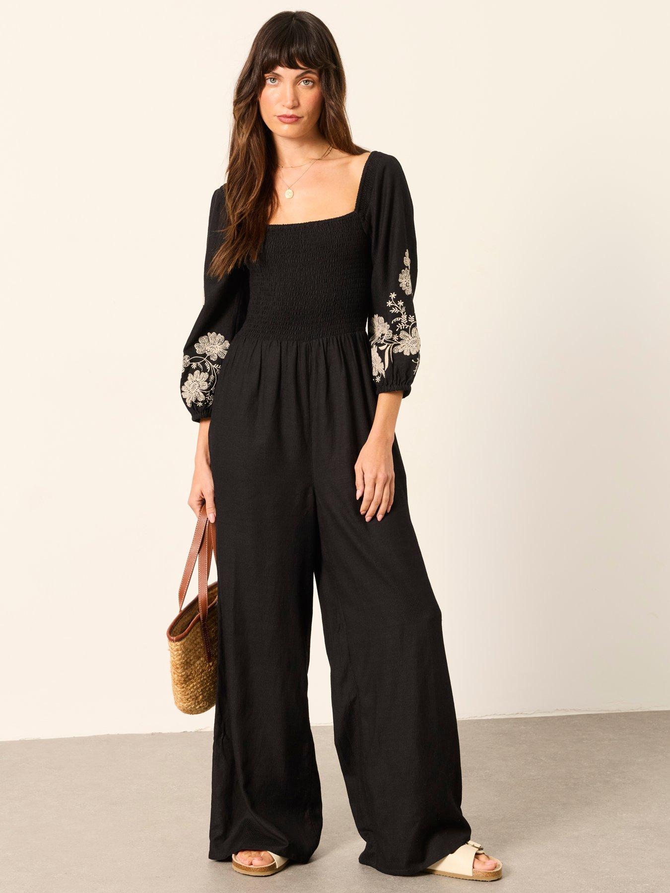 Image 3 of 5 of FatFace Adele Embroidered Jumpsuit - Black