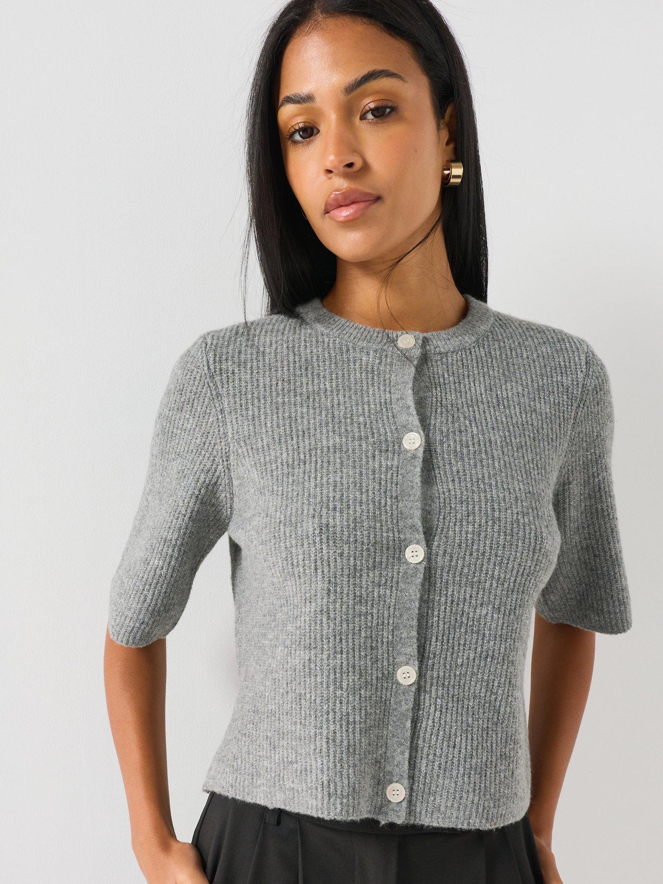 PIECES Pieces Women's Ribbed Short Sleeve Button Front Cardigan - Grey