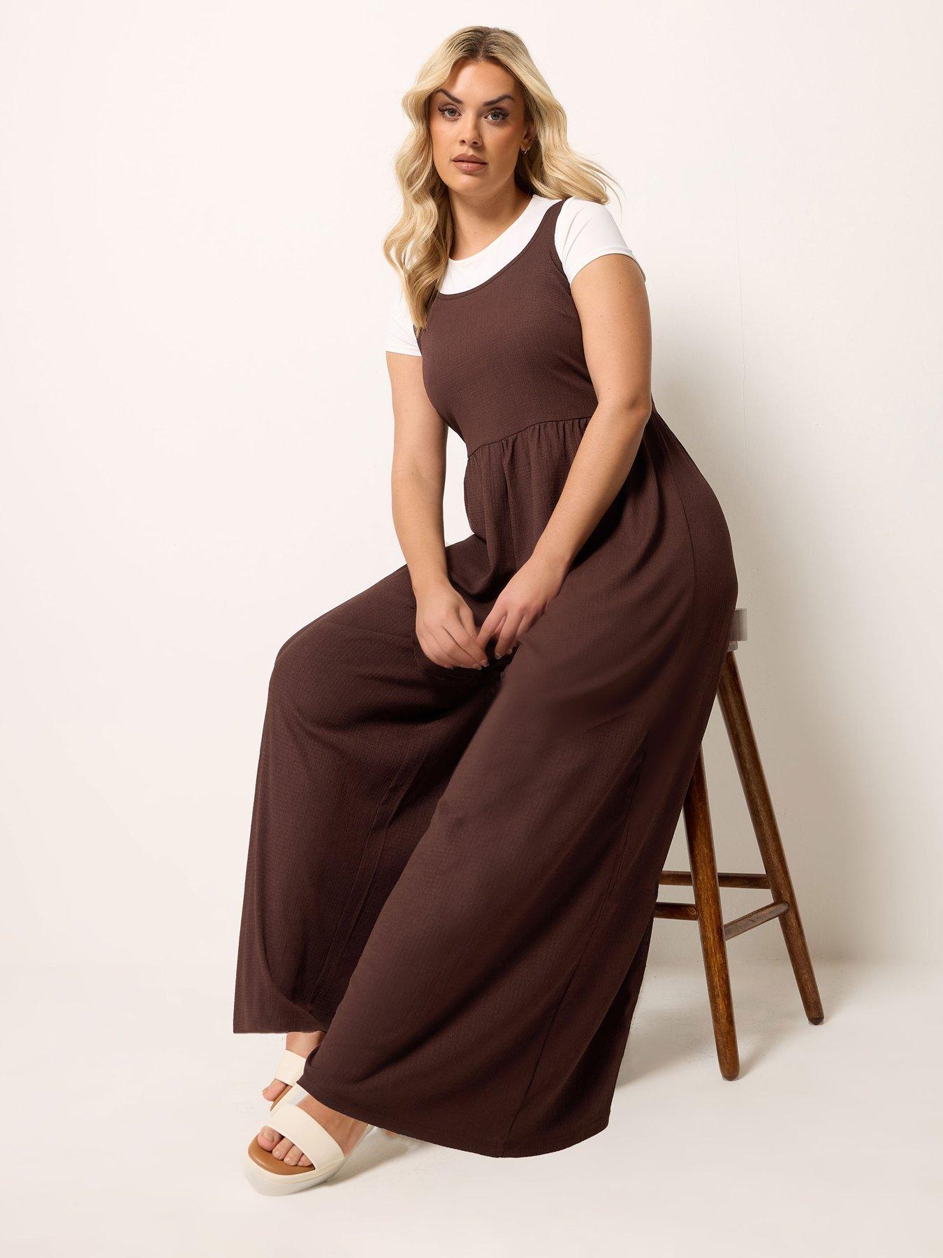 Yours Curve Textured Jumpsuit - Brown