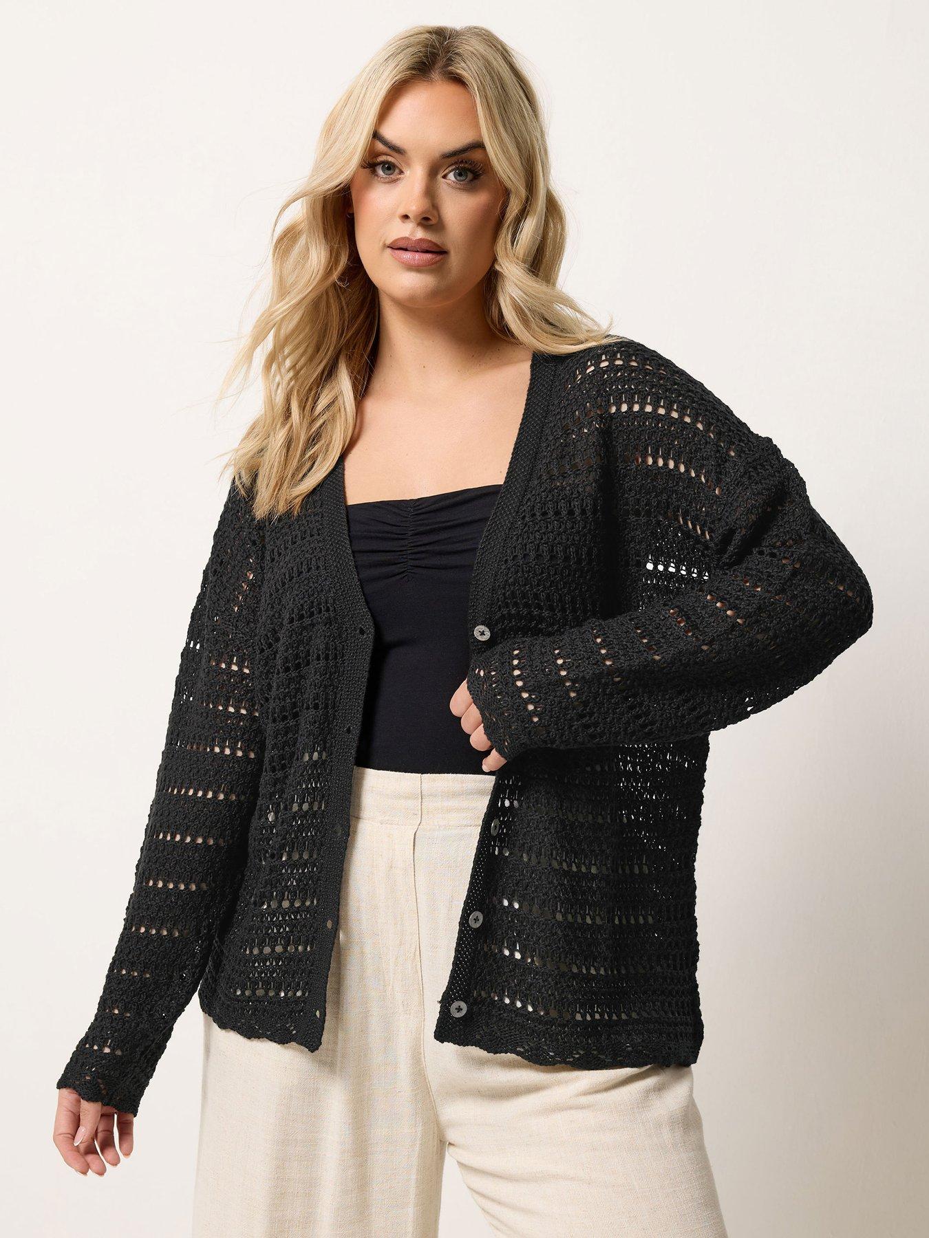 Yours Curve Pointelle Stitch Button Cardigan - Black