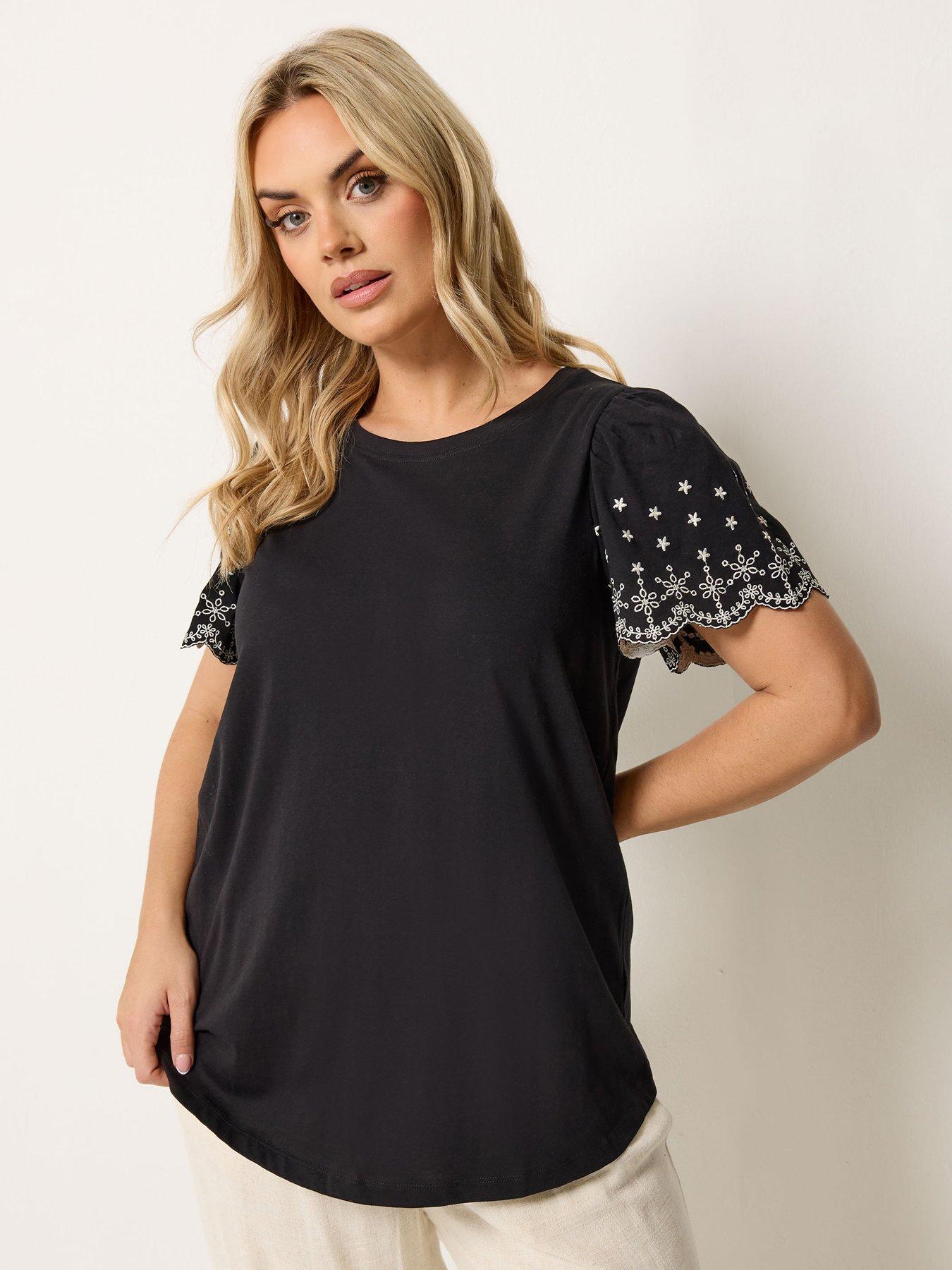 Yours Curve Angel Sleeve Embroidered T-Shirt - Black