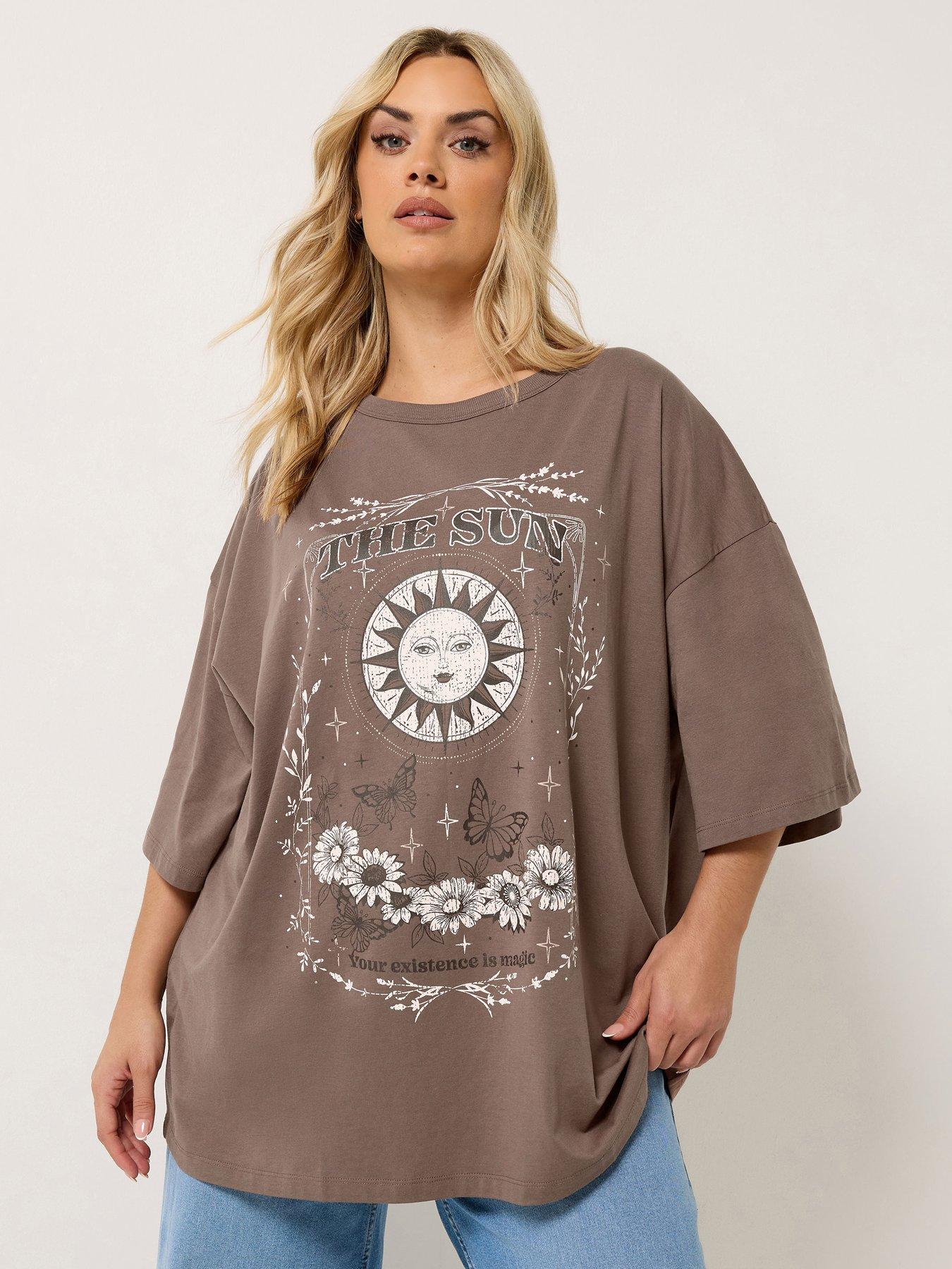 Yours Curve Placement Boxy T-Shirt - Brown