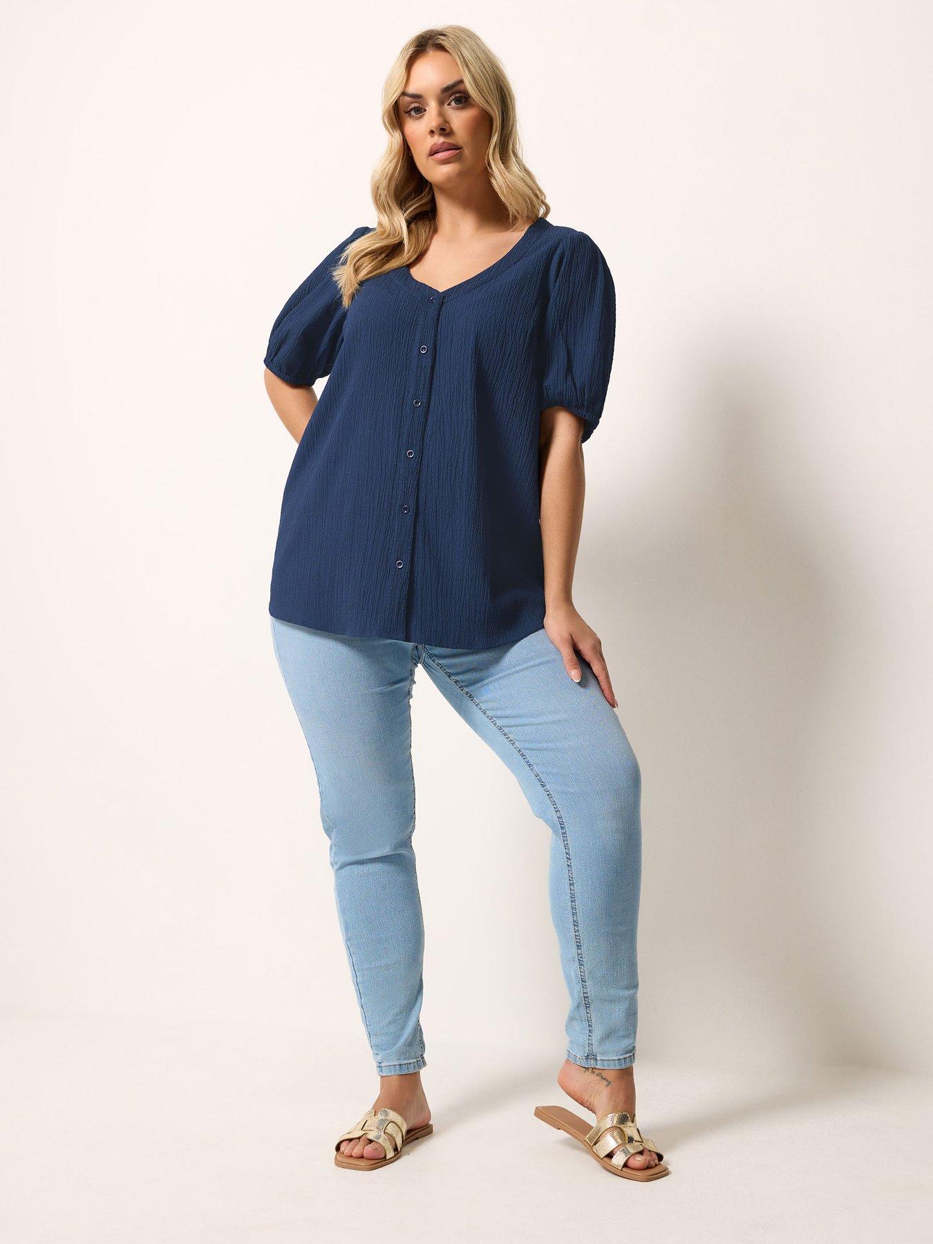Image 3 of 5 of Yours Curve Button Textured Short Sleeve Blouse - Blue