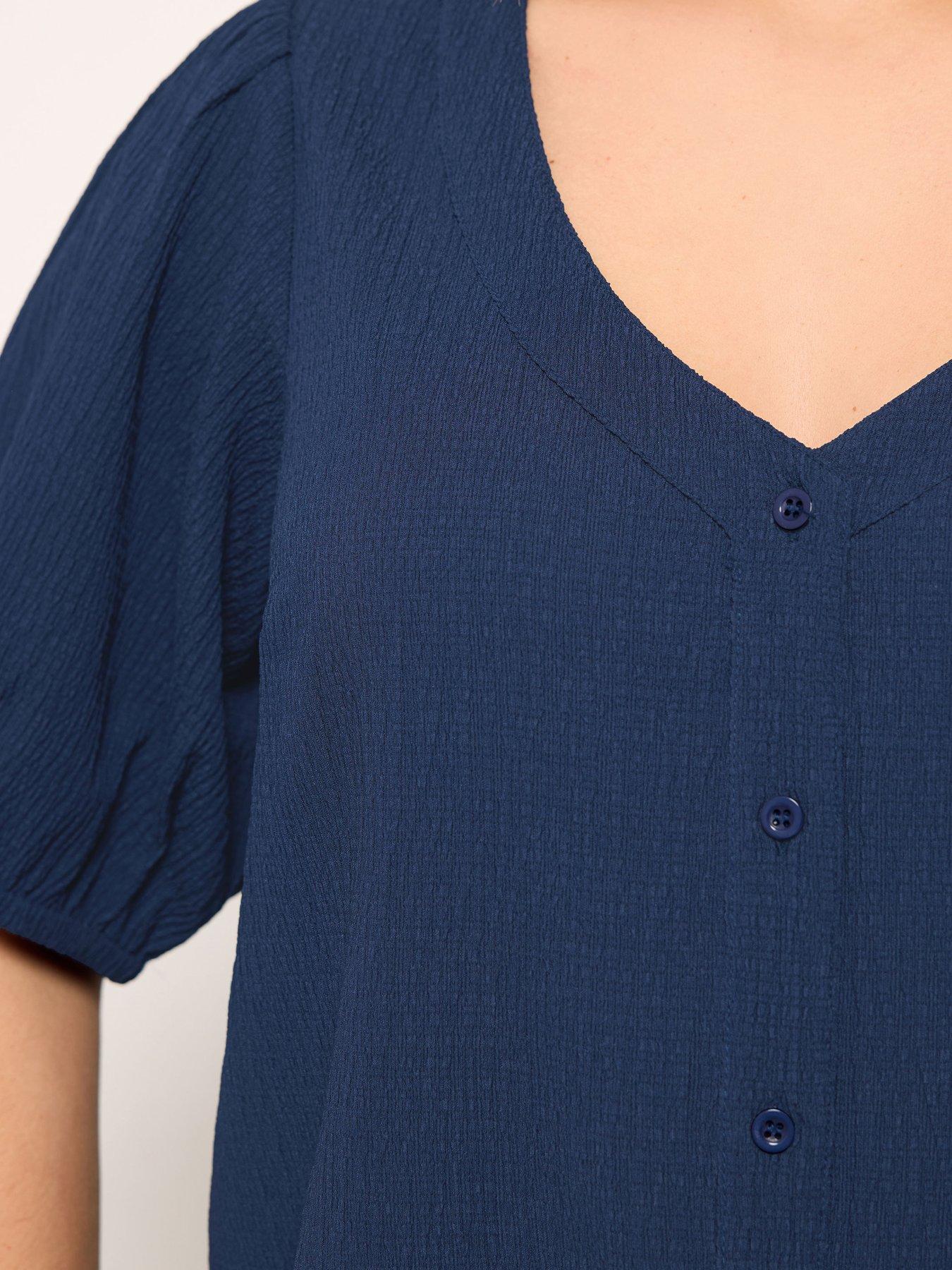 Image 4 of 5 of Yours Curve Button Textured Short Sleeve Blouse - Blue