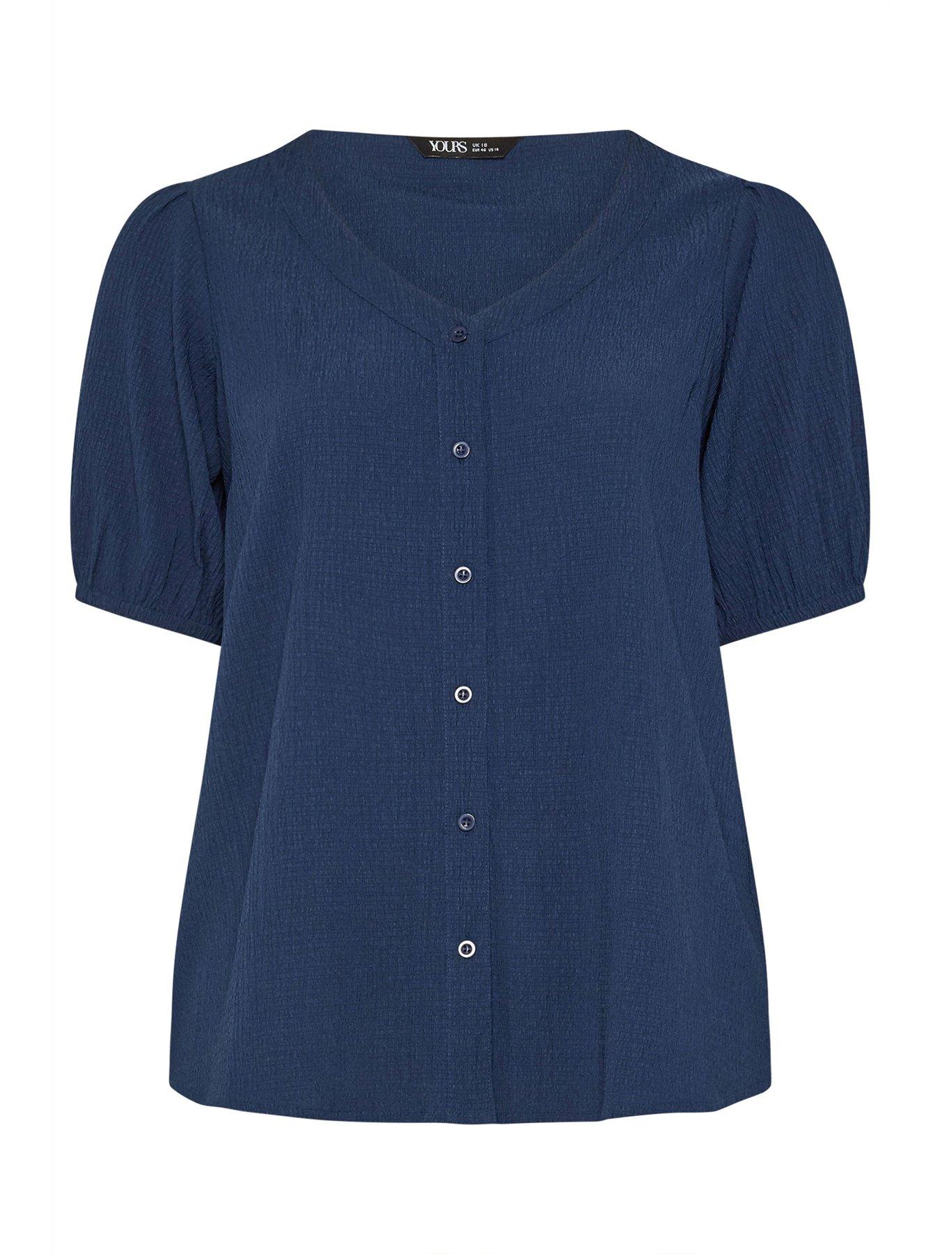 Image 5 of 5 of Yours Curve Button Textured Short Sleeve Blouse - Blue