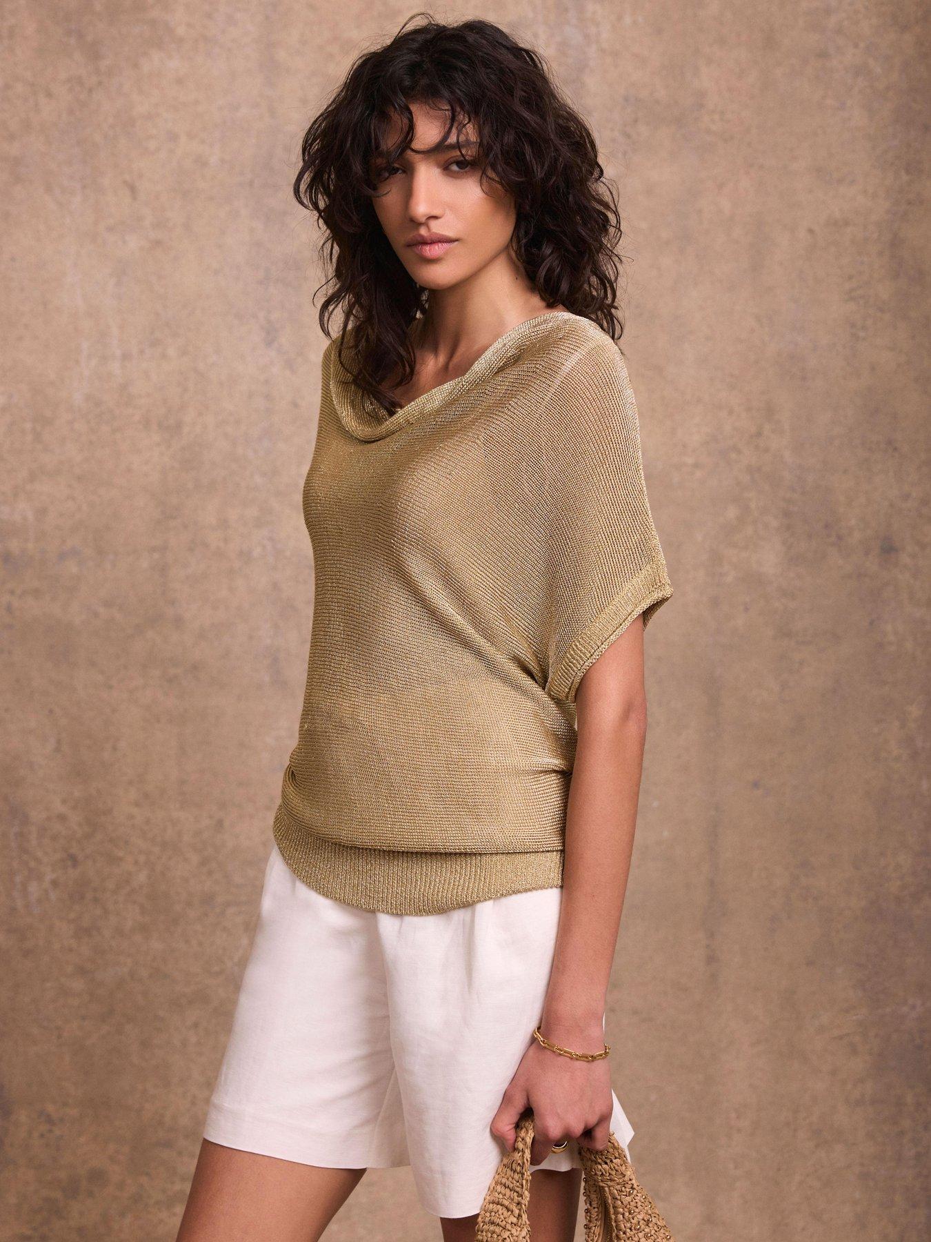 Image 1 of 6 of Mint Velvet Gold Cowl Neck Knit Top