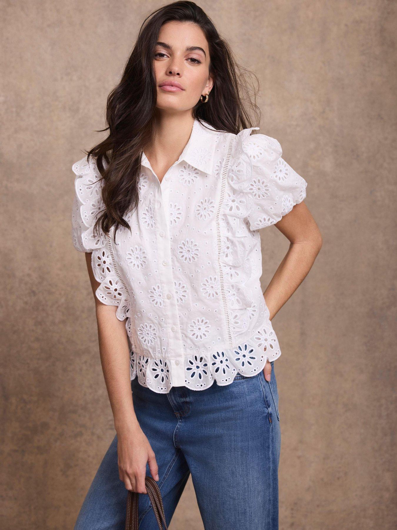Mint Velvet Broderie Puff Sleeve Top - White