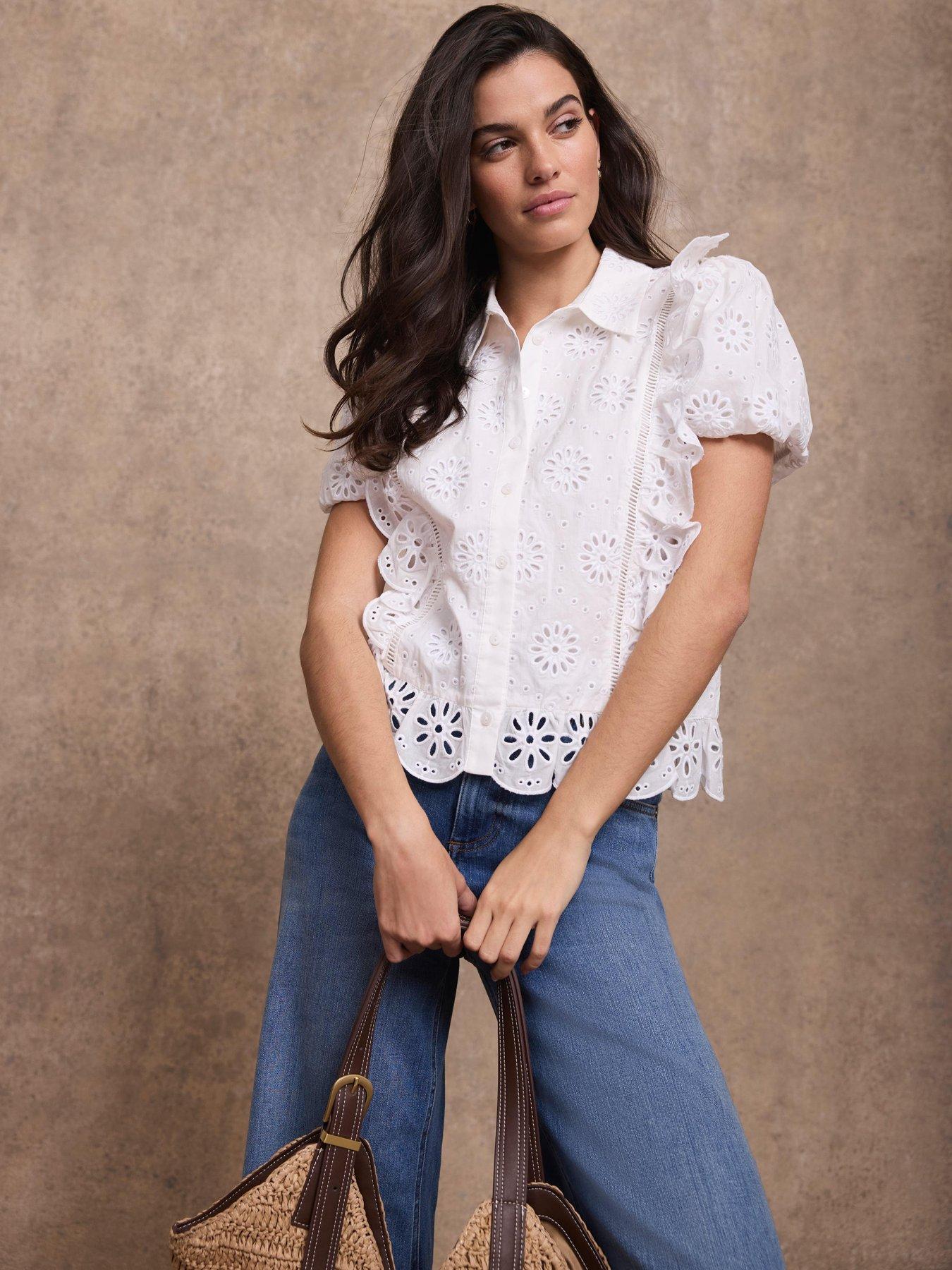 Image 2 of 6 of Mint Velvet Ivory Broderie Puff Sleeve Top