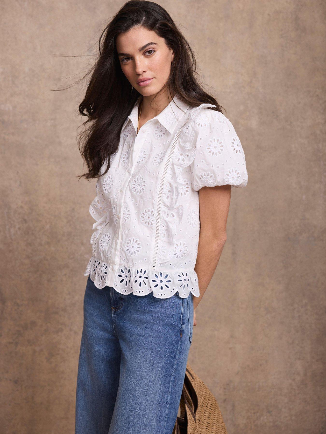 Image 3 of 6 of Mint Velvet Ivory Broderie Puff Sleeve Top