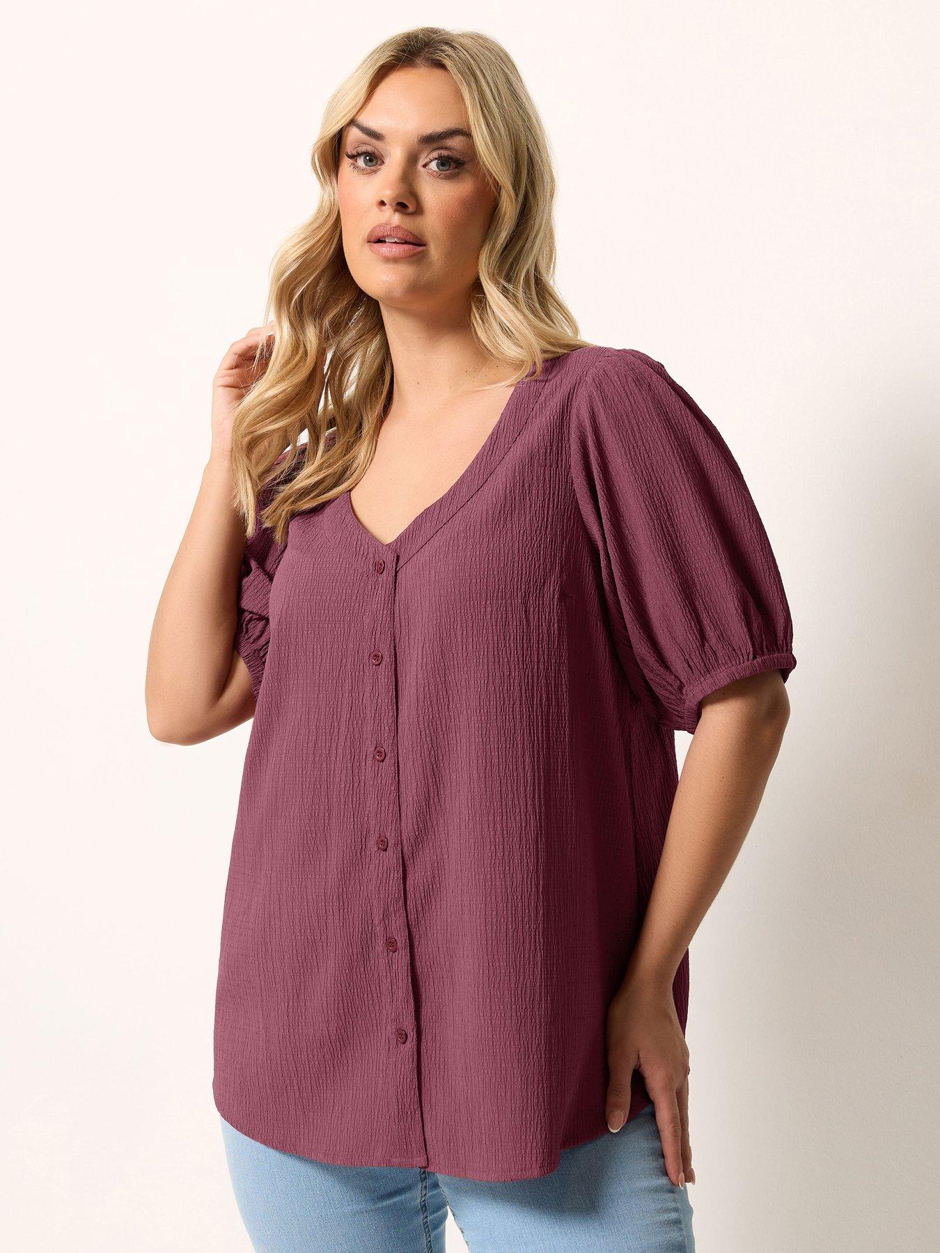 Image 1 of 5 of Yours Curve Button Textured Short Sleeve Blouse - Pink