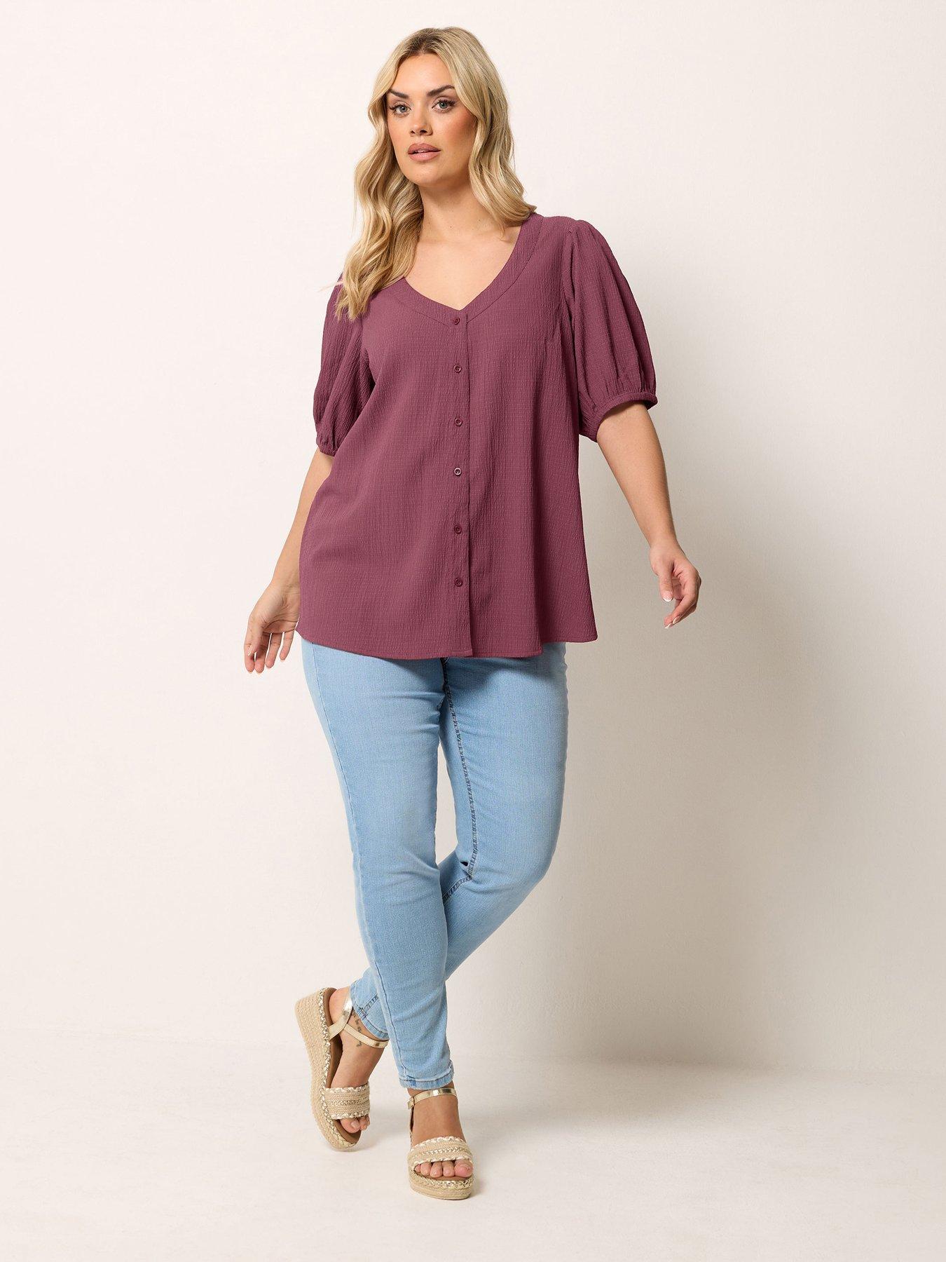 Image 3 of 5 of Yours Curve Button Textured Short Sleeve Blouse - Pink