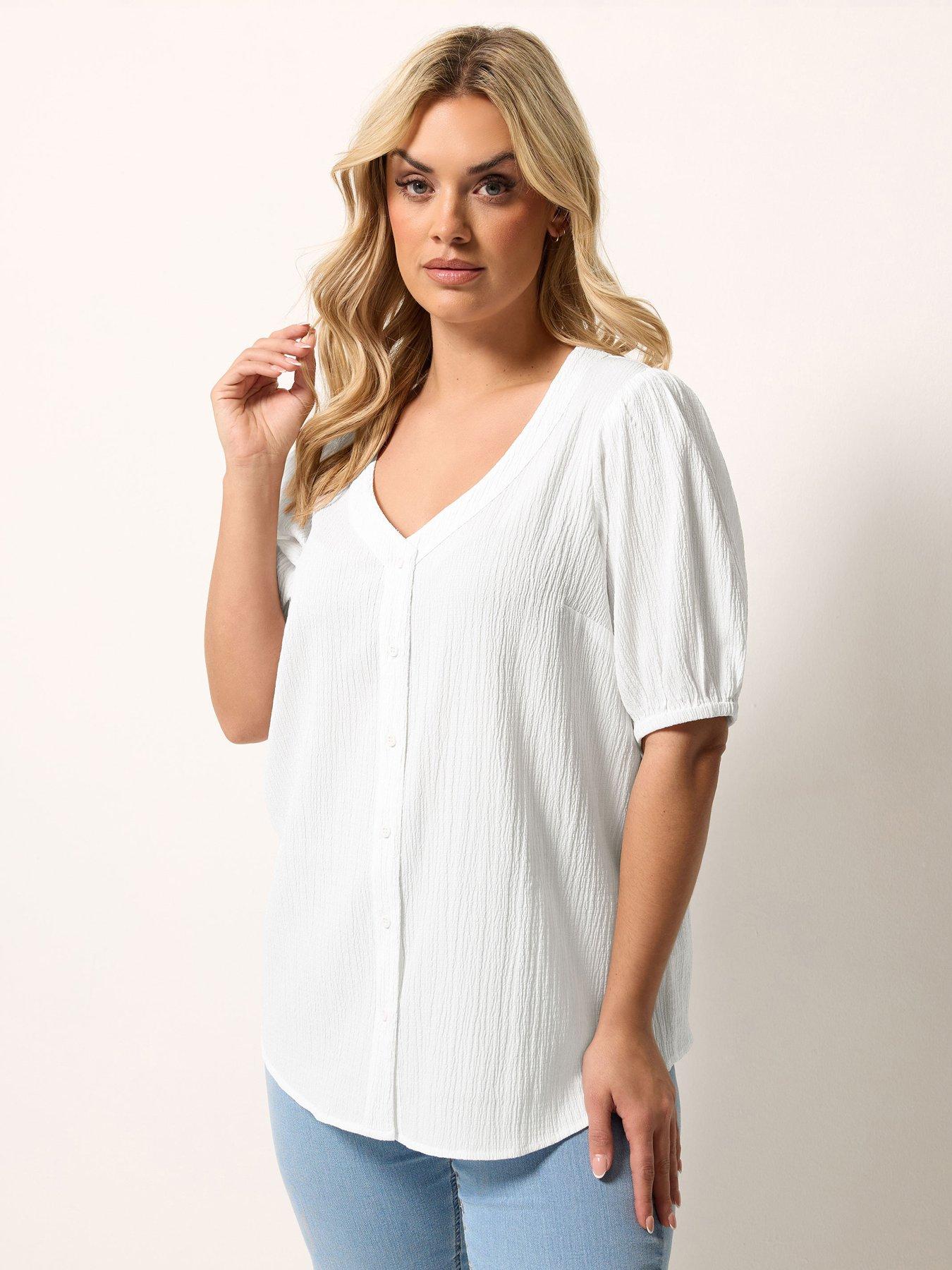 Yours Curve Button Textured Short Sleeve Blouse - White