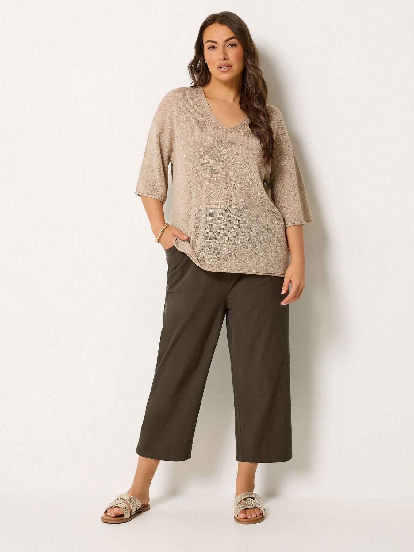 Yours Curve Cotton Wide Leg Elasticated Trousers - Brown