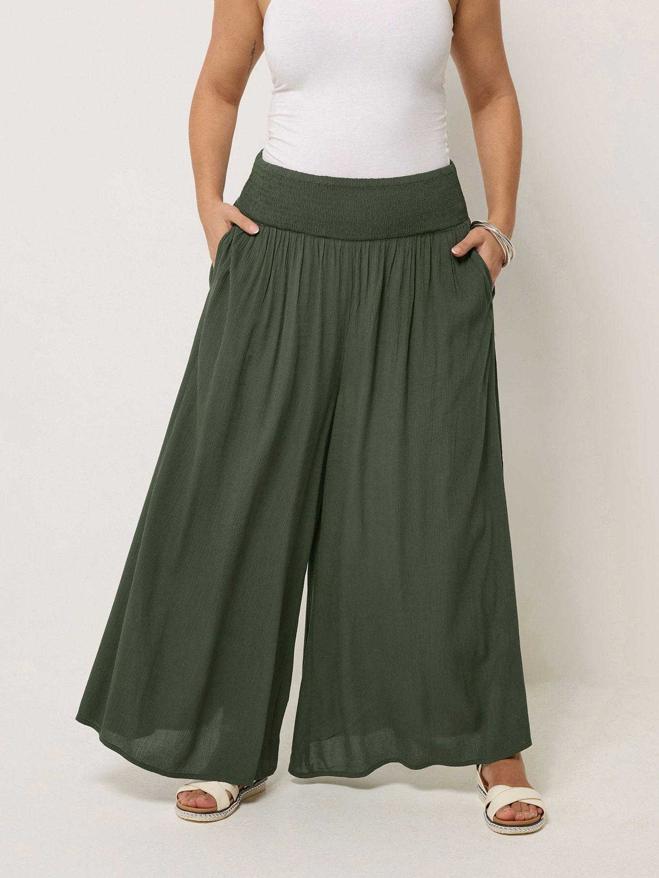 Yours Curve Shirred Waist Wide Leg Trousers 30" - Green