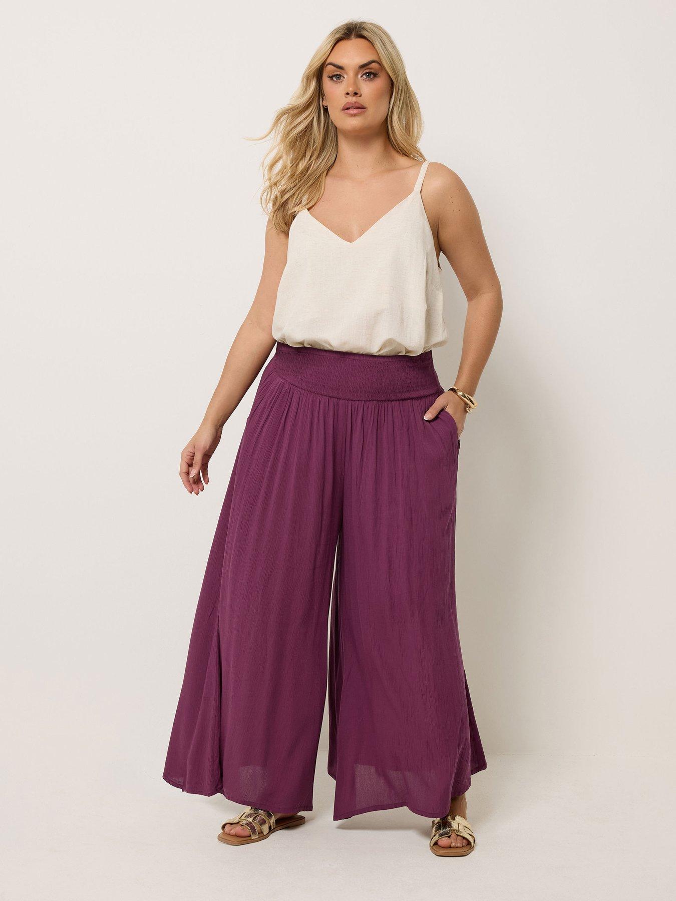 Image 3 of 5 of Yours Curve Shirred Waist Wide Leg Trousers 30" - Red