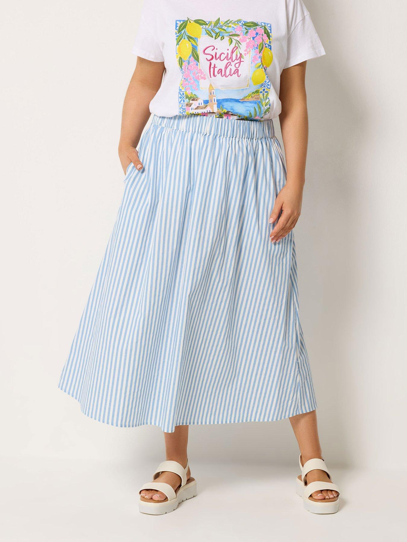 Yours Curve Stripe Poplin Midaxi Skirt - Blue