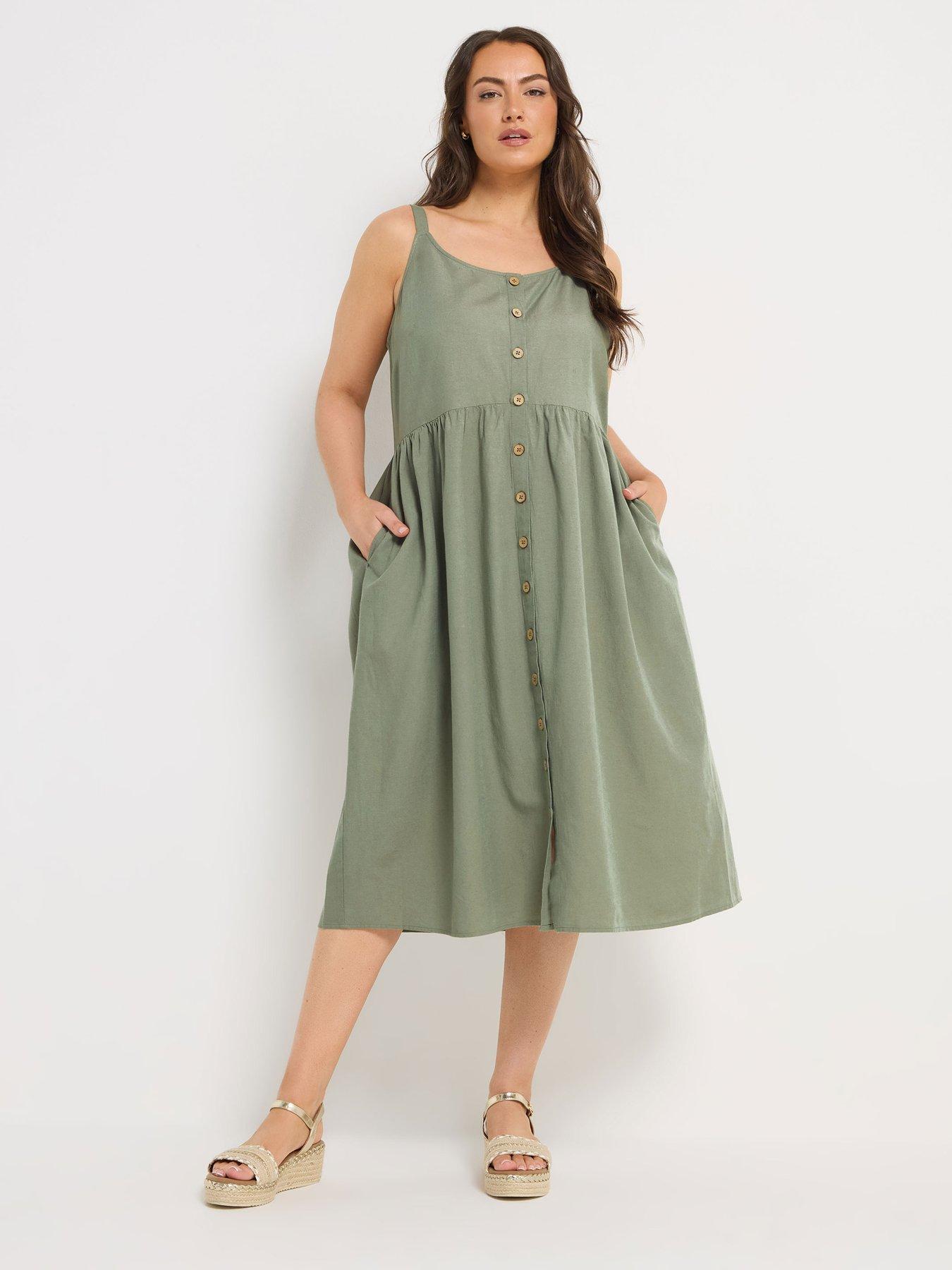 Yours Curve Linen Button Sundress - Green