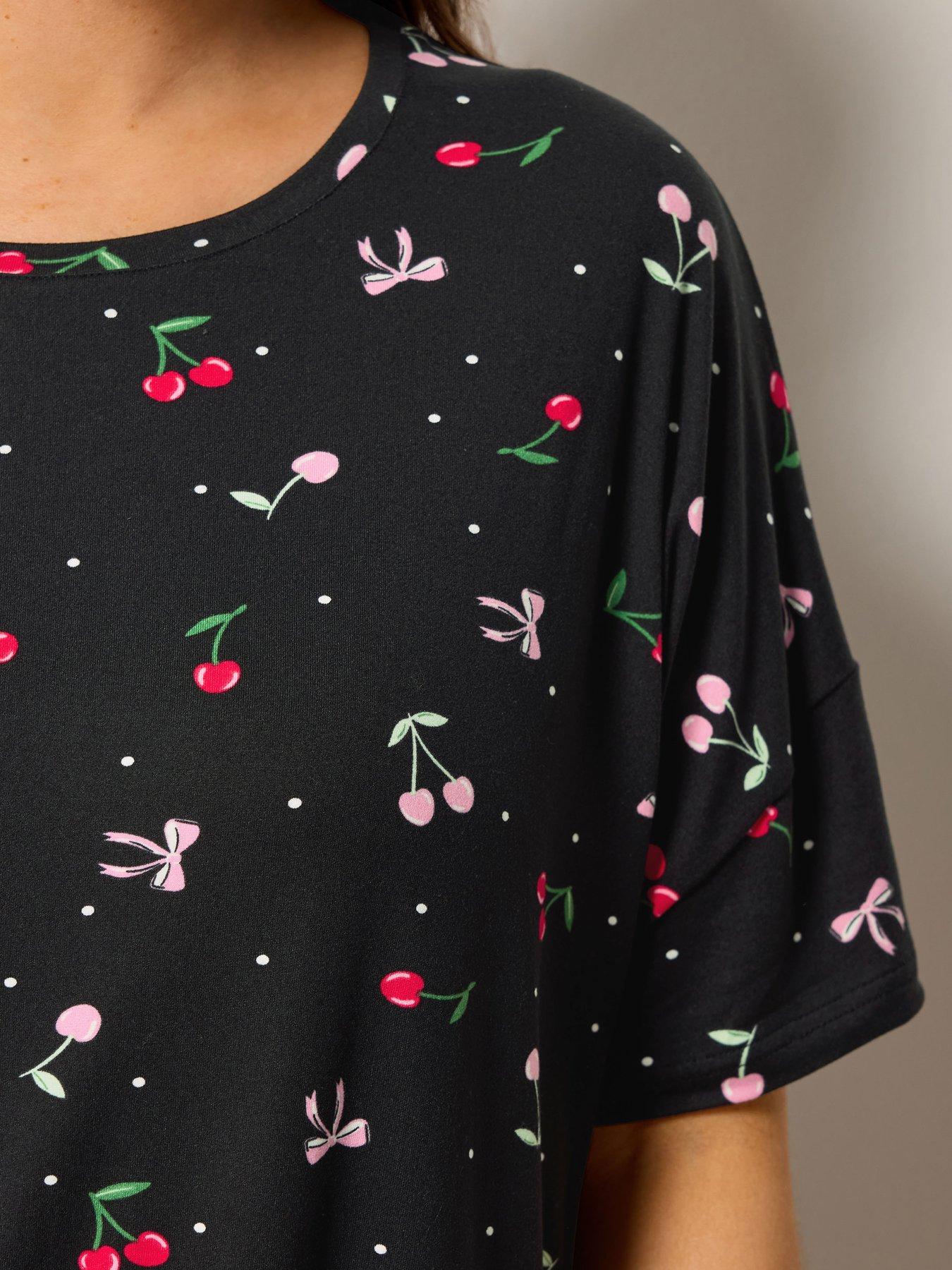 Image 4 of 4 of Yours Curve Soft Touch Cherry Pyjama Set - Black