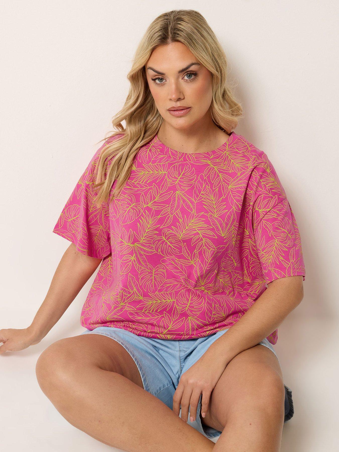 Yours Curve Leaf Print Boxy T-Shirt - Pink