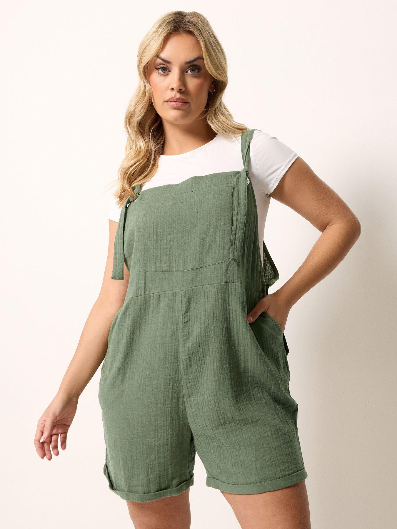 Yours Curve Dungaree Shorts - Green