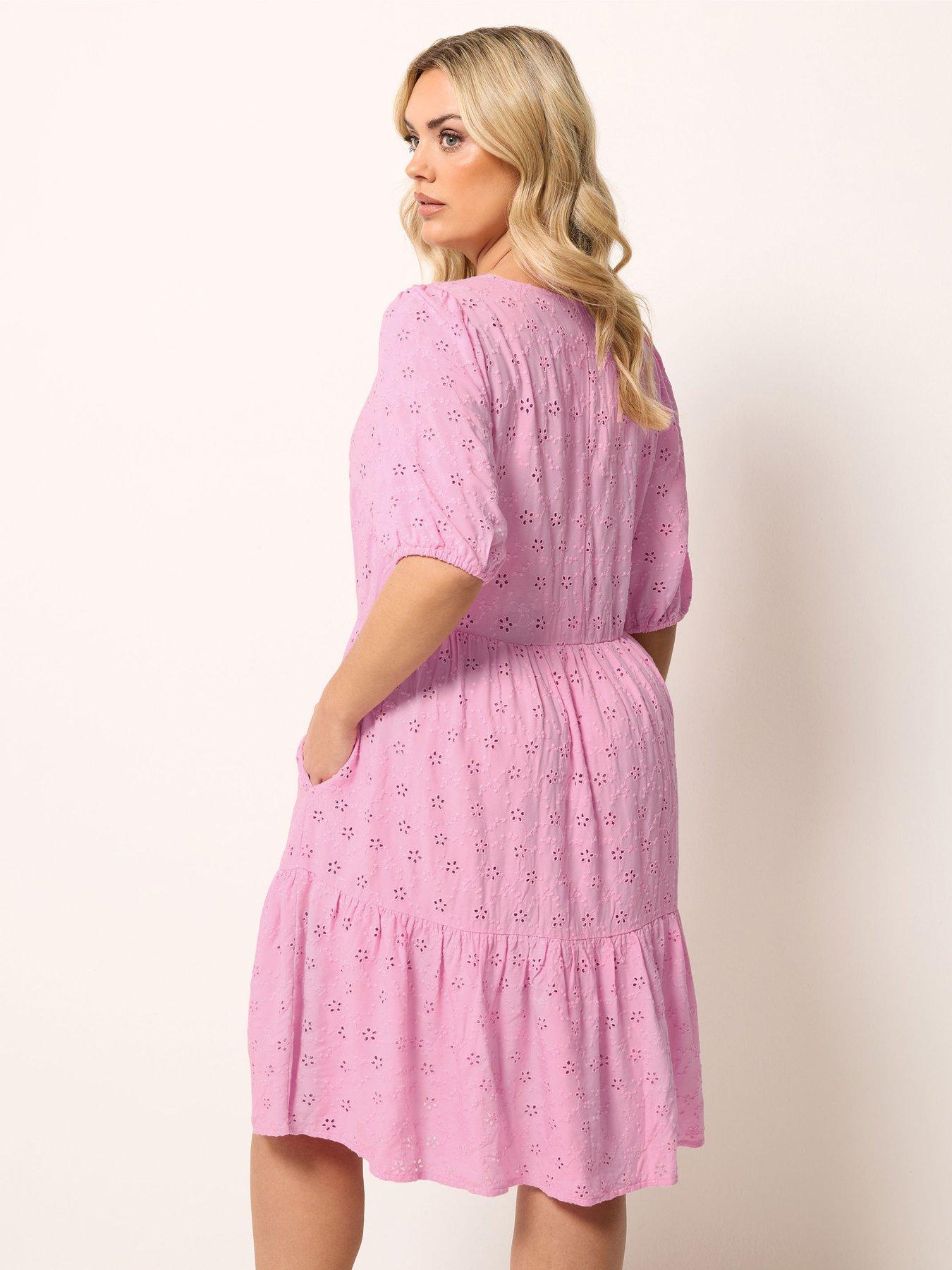 Image 2 of 5 of Yours Curve Broderie Tie Dress - Pink