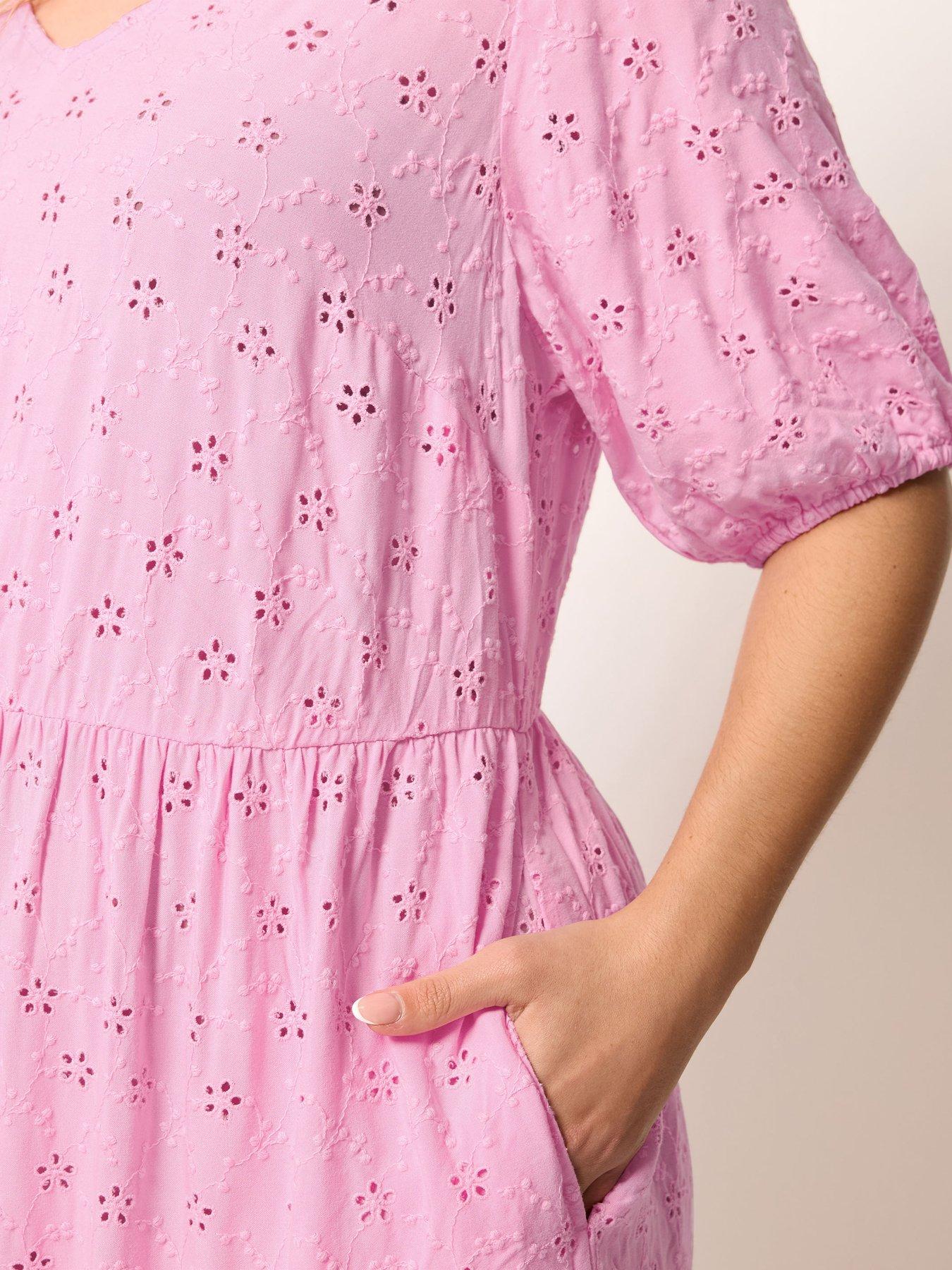 Image 4 of 5 of Yours Curve Broderie Tie Dress - Pink