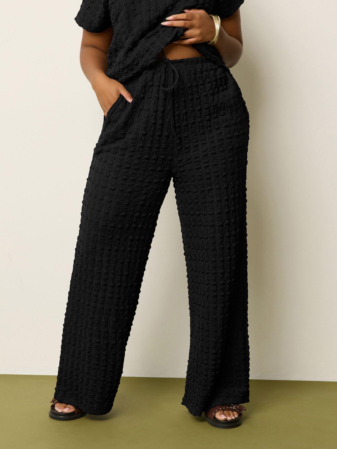 Yours Curve Bubble Textured Wide Leg Trousers 28" - Black