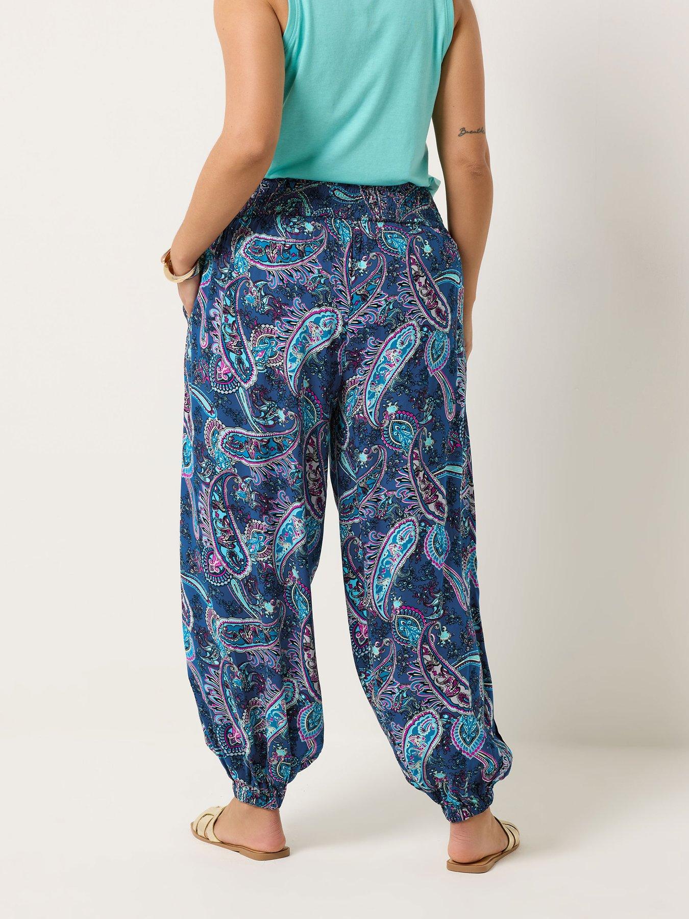 Yours Curve Shirred Waist Printed Balloon Trousers - Blue | Very
