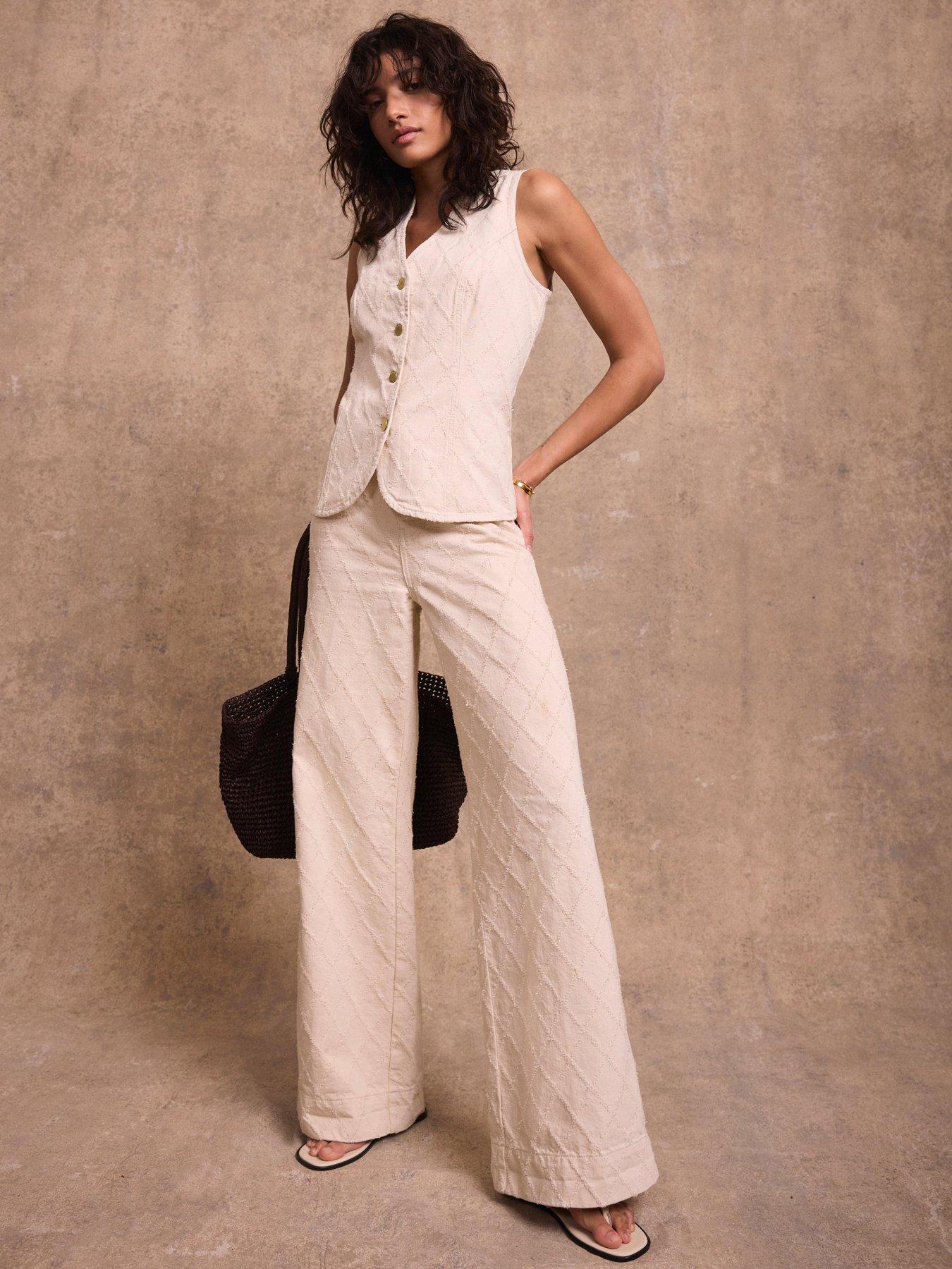 Mint Velvet Diamond Textured Wide Jeans- Cream