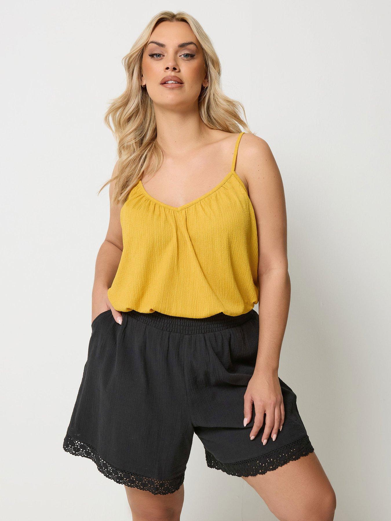 Yours Curve Crochet Trim Shirred Waist Shorts - Black