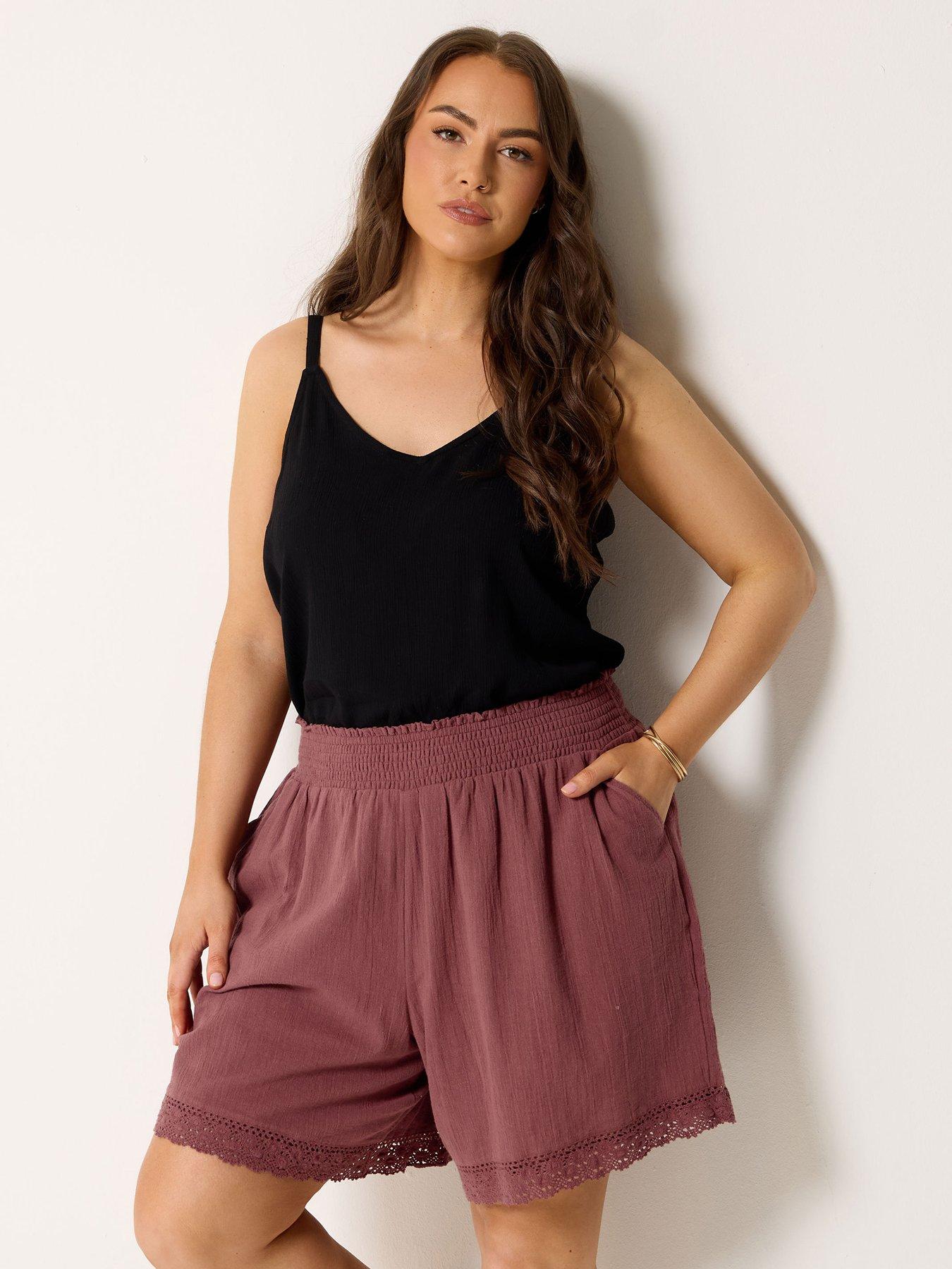 Yours Curve Crochet Trim Shirred Waist Shorts - Pink