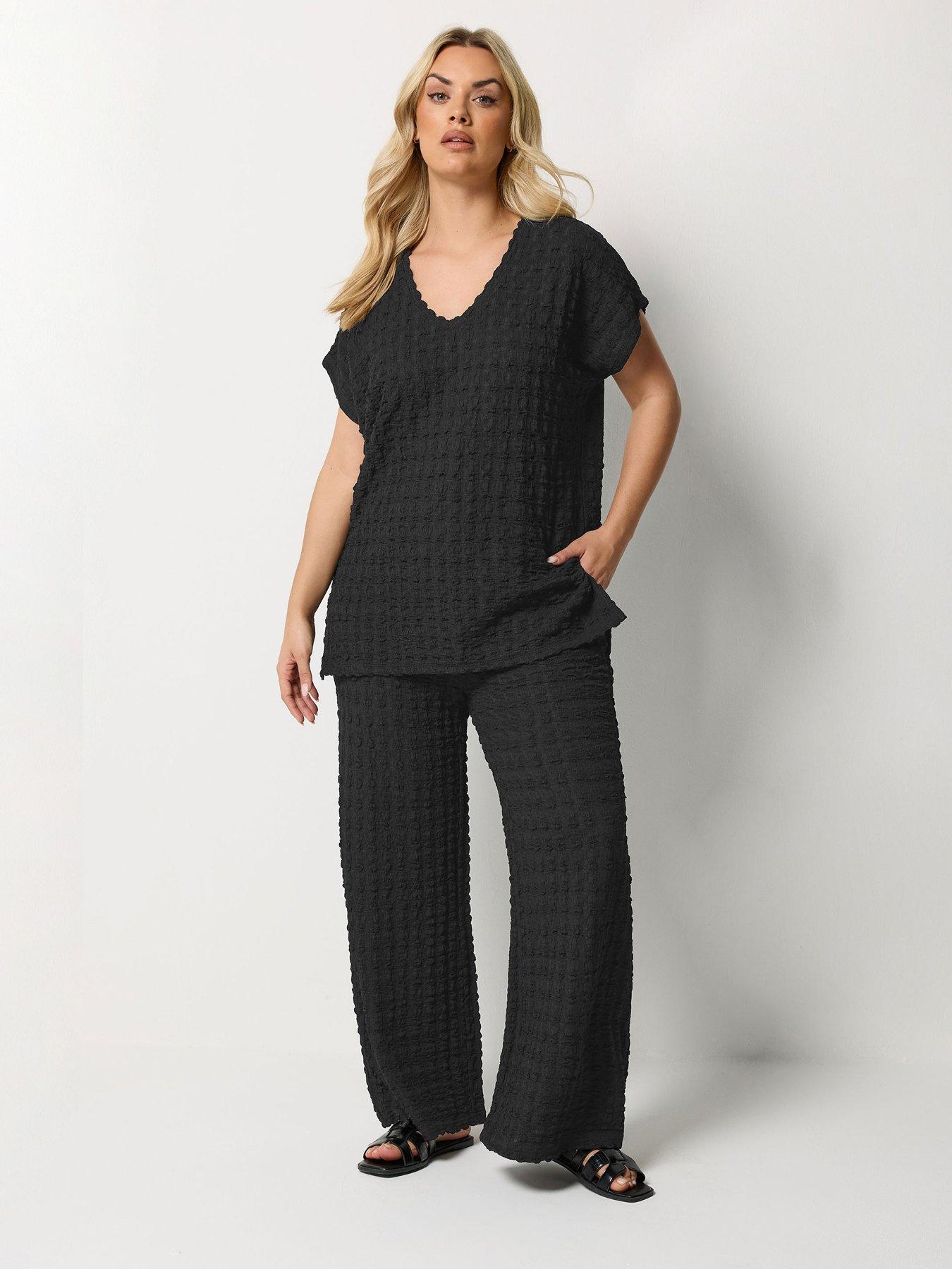 Yours Curve Bubble Top  &  Trouser Set - Black