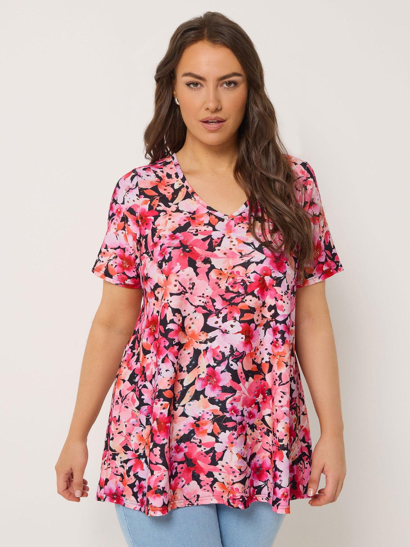 Image 1 of 5 of Yours Curve Printed Broderie V-neck Top