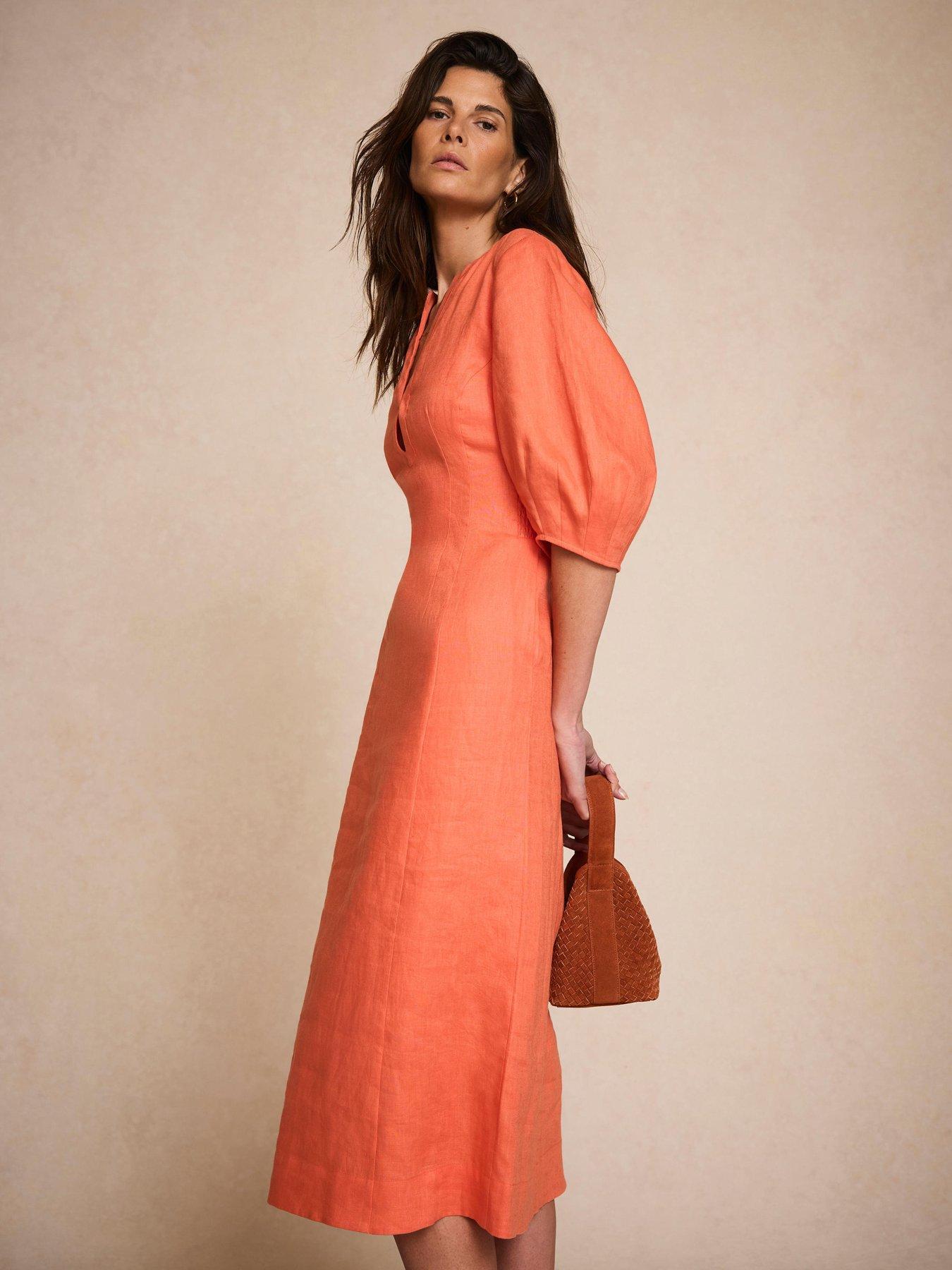 Image 1 of 6 of Mint Velvet Orange Linen Midi Dress