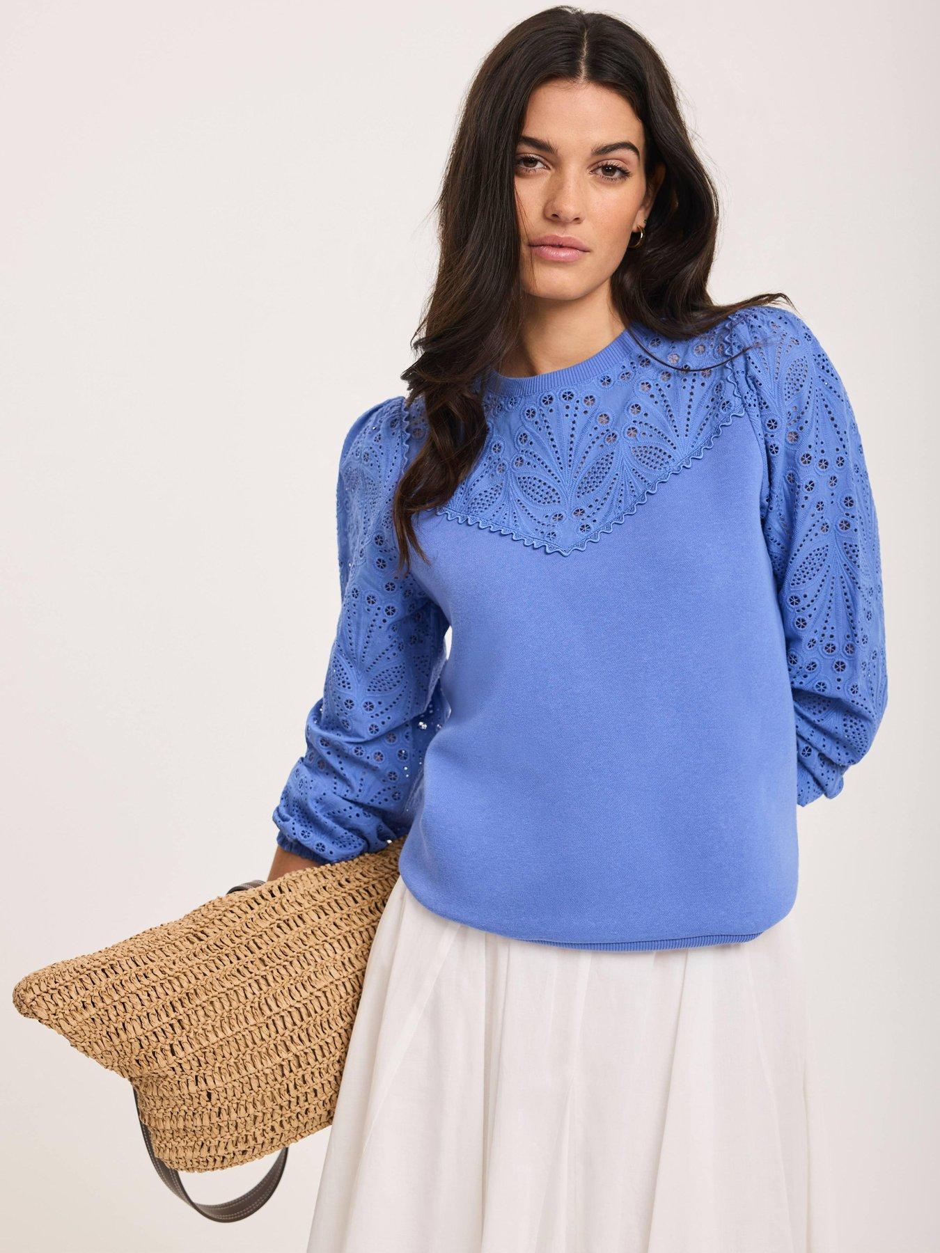 Mint Velvet Broderie Mix Sweatshirt - Blue