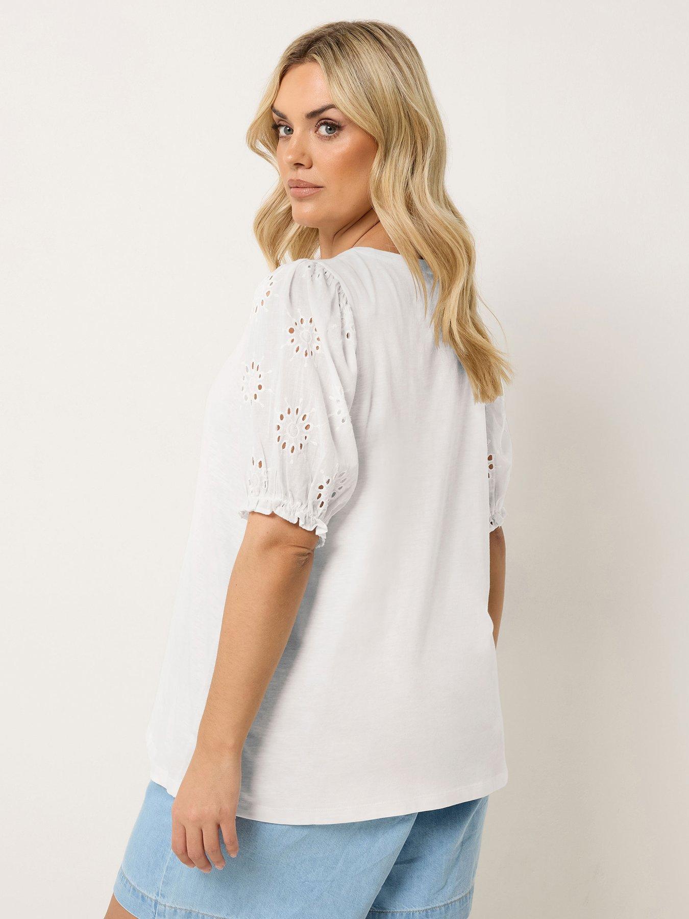 Image 2 of 6 of Yours Curve Broderie Puff Sleeve T-Shirt - White
