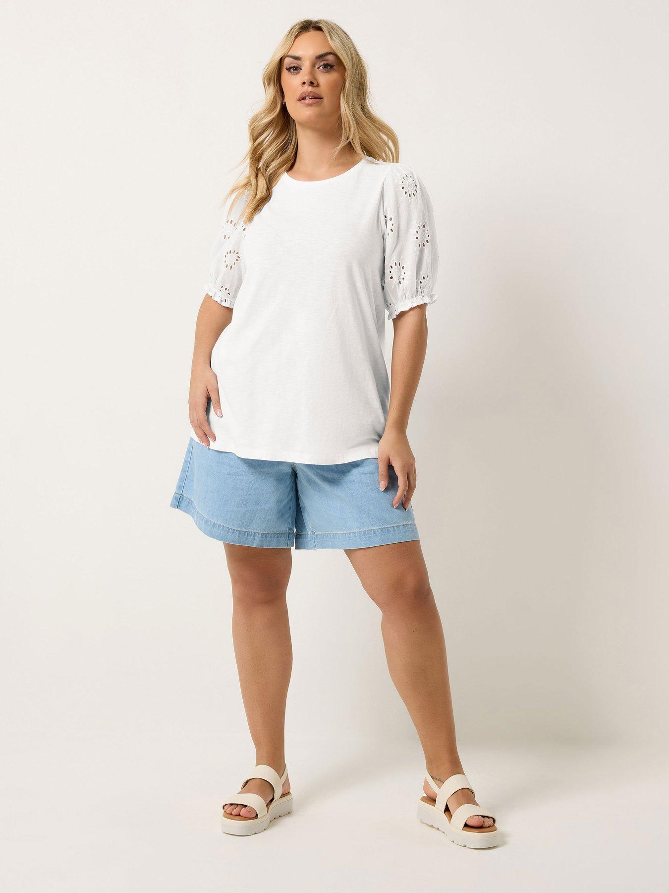 Image 3 of 6 of Yours Curve Broderie Puff Sleeve T-Shirt - White
