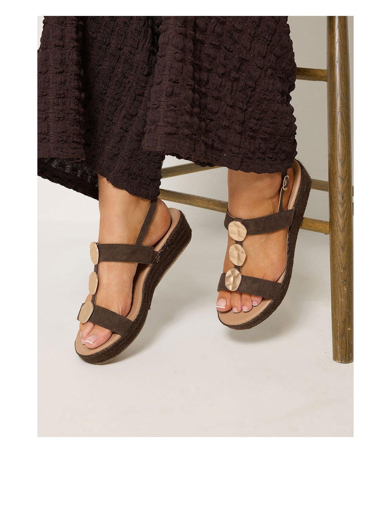 Image 1 of 4 of Yours Wide E Fit Hammered Metal Disk Wedges - Brown