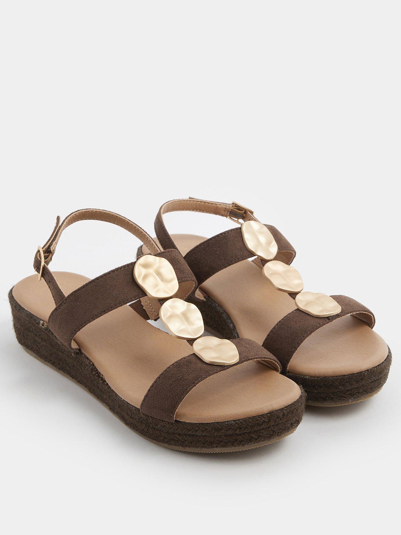 Image 2 of 4 of Yours Wide E Fit Hammered Metal Disk Wedges - Brown