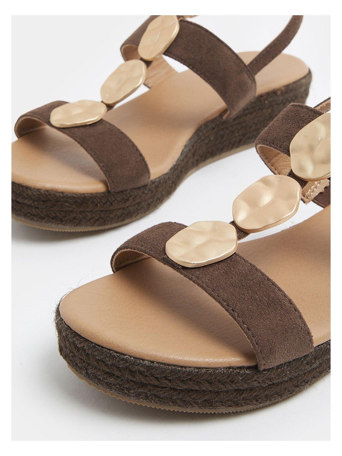 Image 4 of 4 of Yours Wide E Fit Hammered Metal Disk Wedges - Brown