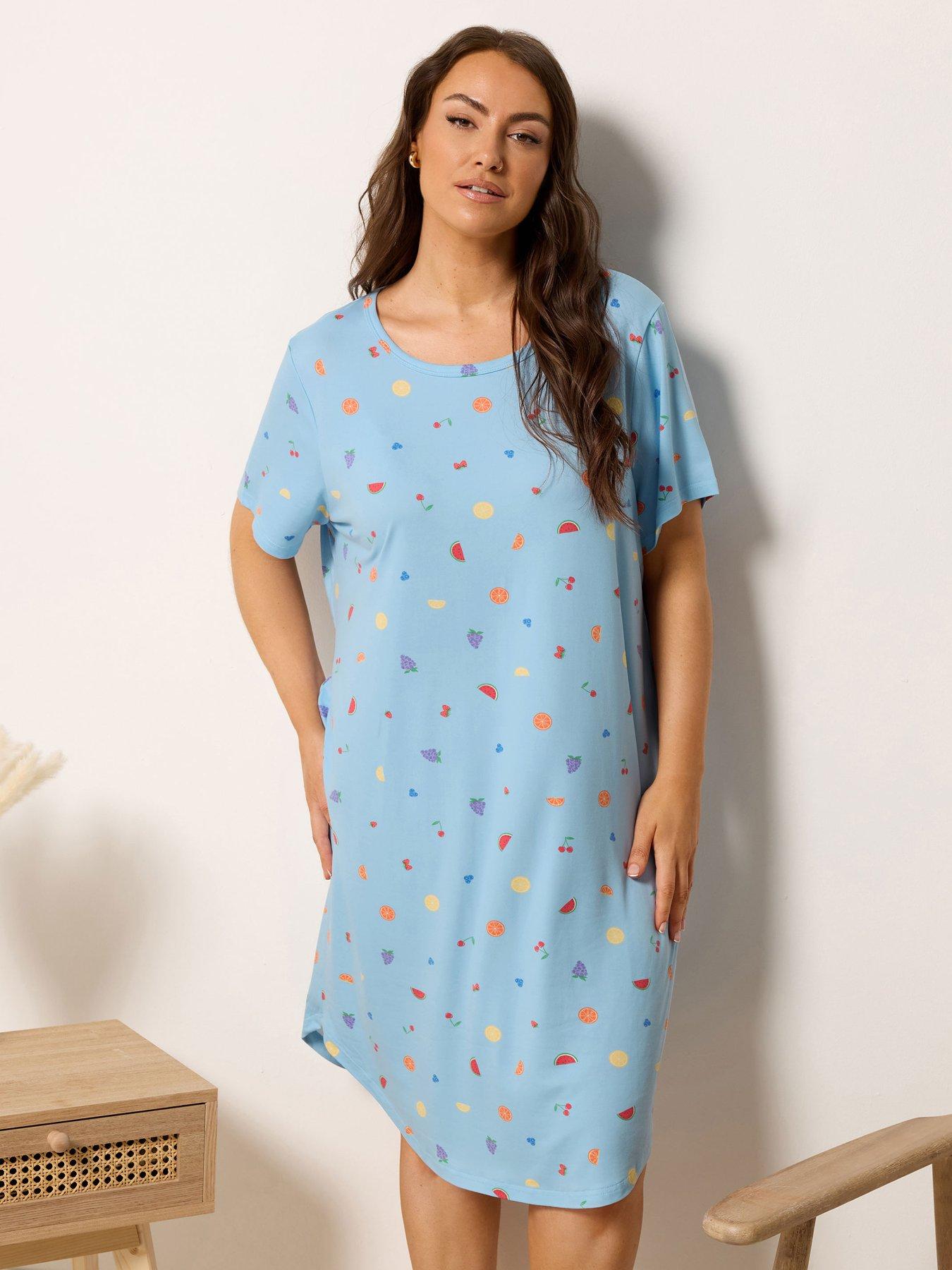 Yours Curve Soft Touch Fruit Print Dipped Back Nightdress - Blue