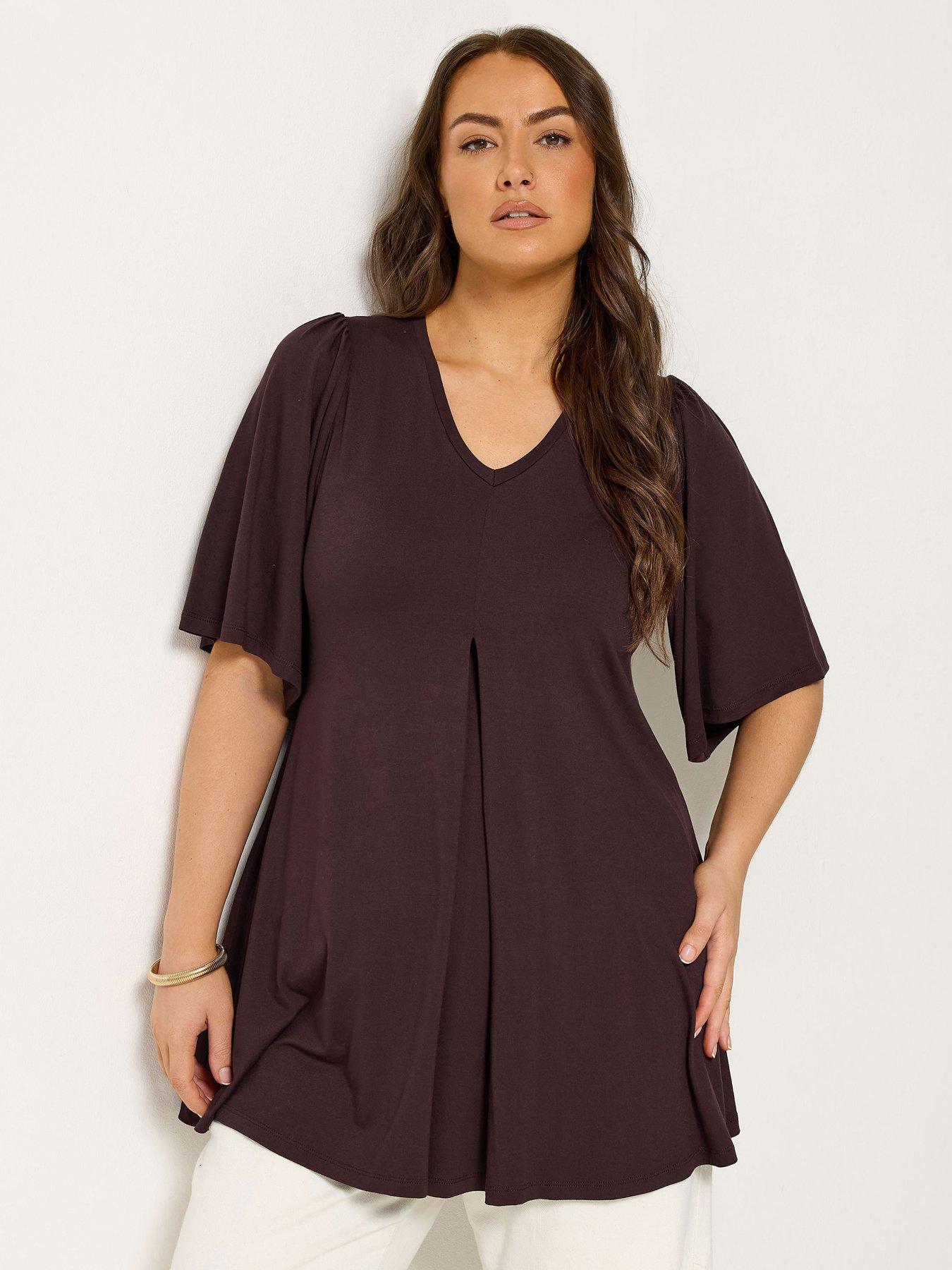 Yours Curve Pleat Front Angel Sleeve Top - Brown