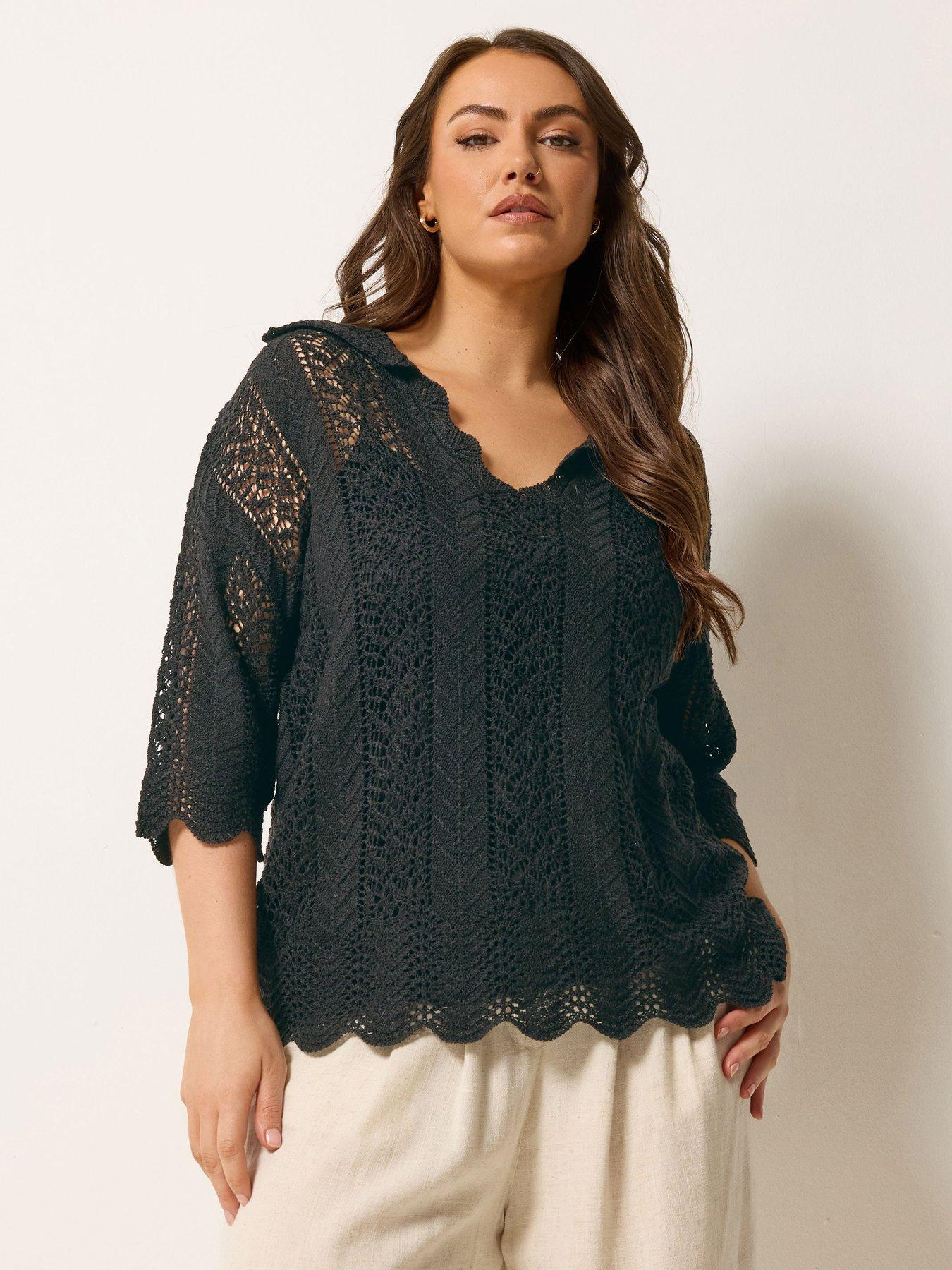 Image 1 of 5 of Yours Curve Knitted Collar Pointelle T-shirt