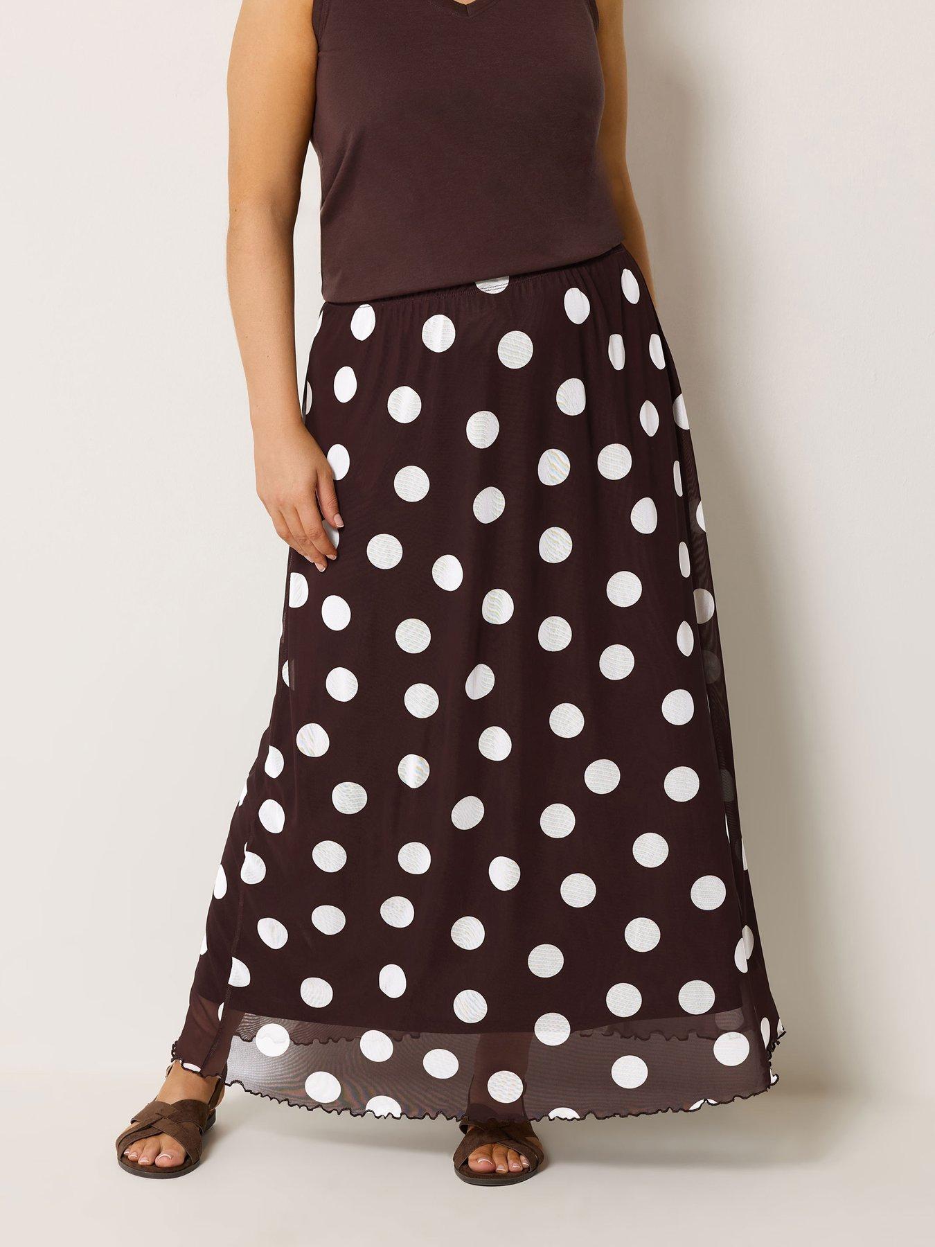 Image 1 of 5 of Yours Curve Mesh Polka Dot Print A-Line Skirt - Brown