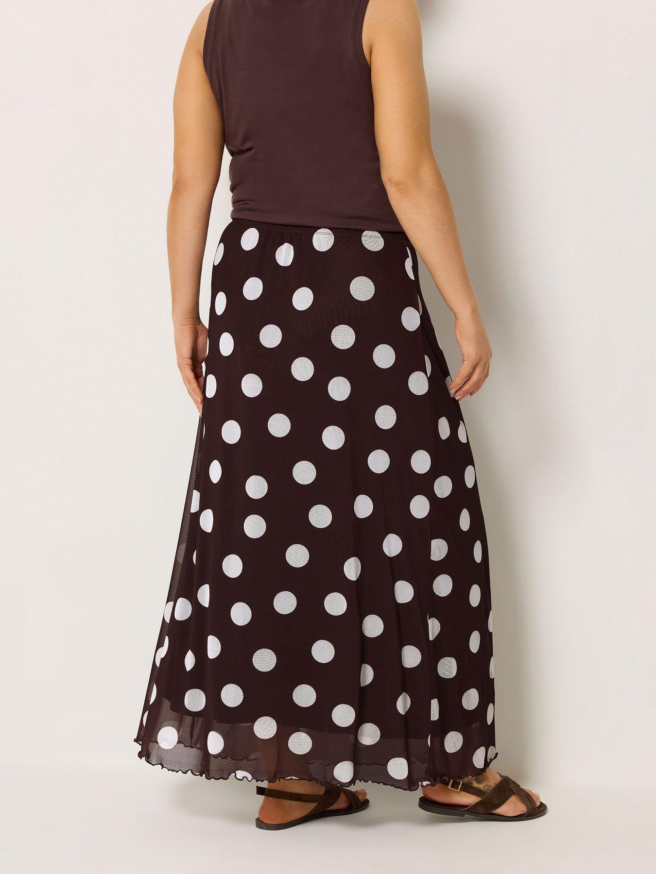 Image 2 of 5 of Yours Curve Mesh Polka Dot Print A-Line Skirt - Brown