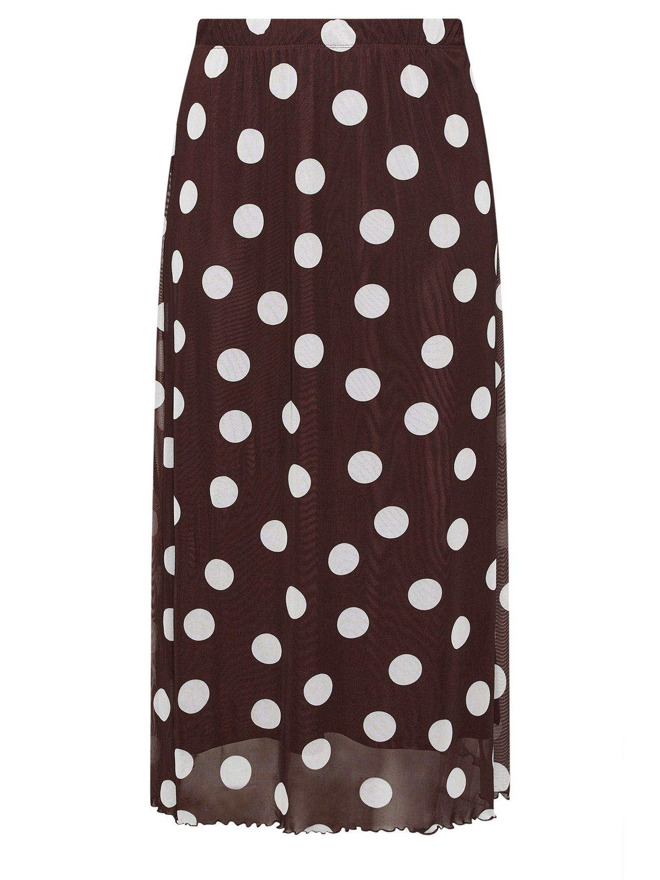 Image 5 of 5 of Yours Curve Mesh Polka Dot Print A-Line Skirt - Brown