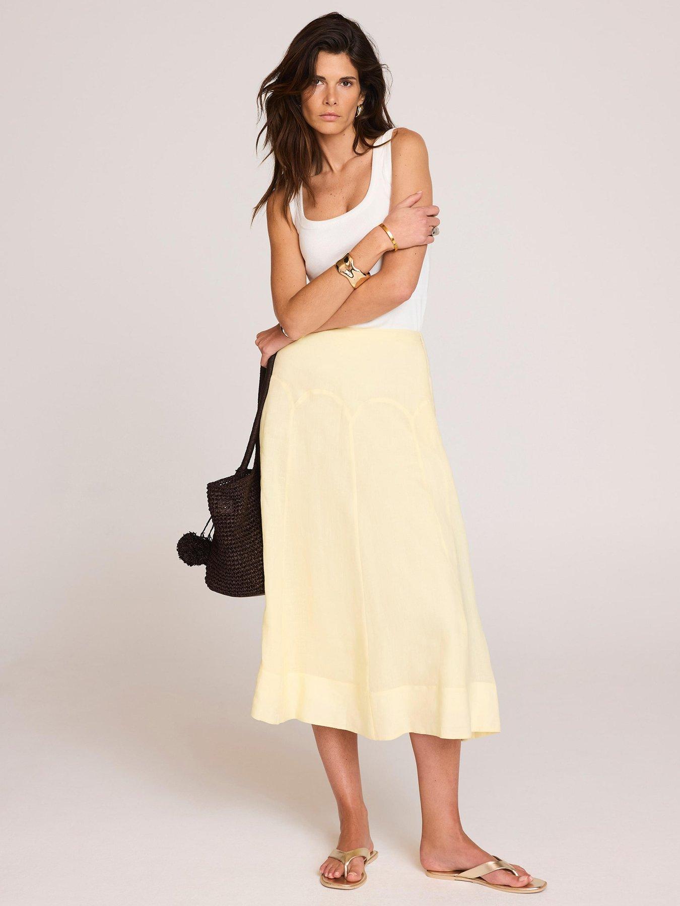 Image 1 of 6 of Mint Velvet Yellow Scallop Ramie Skirt