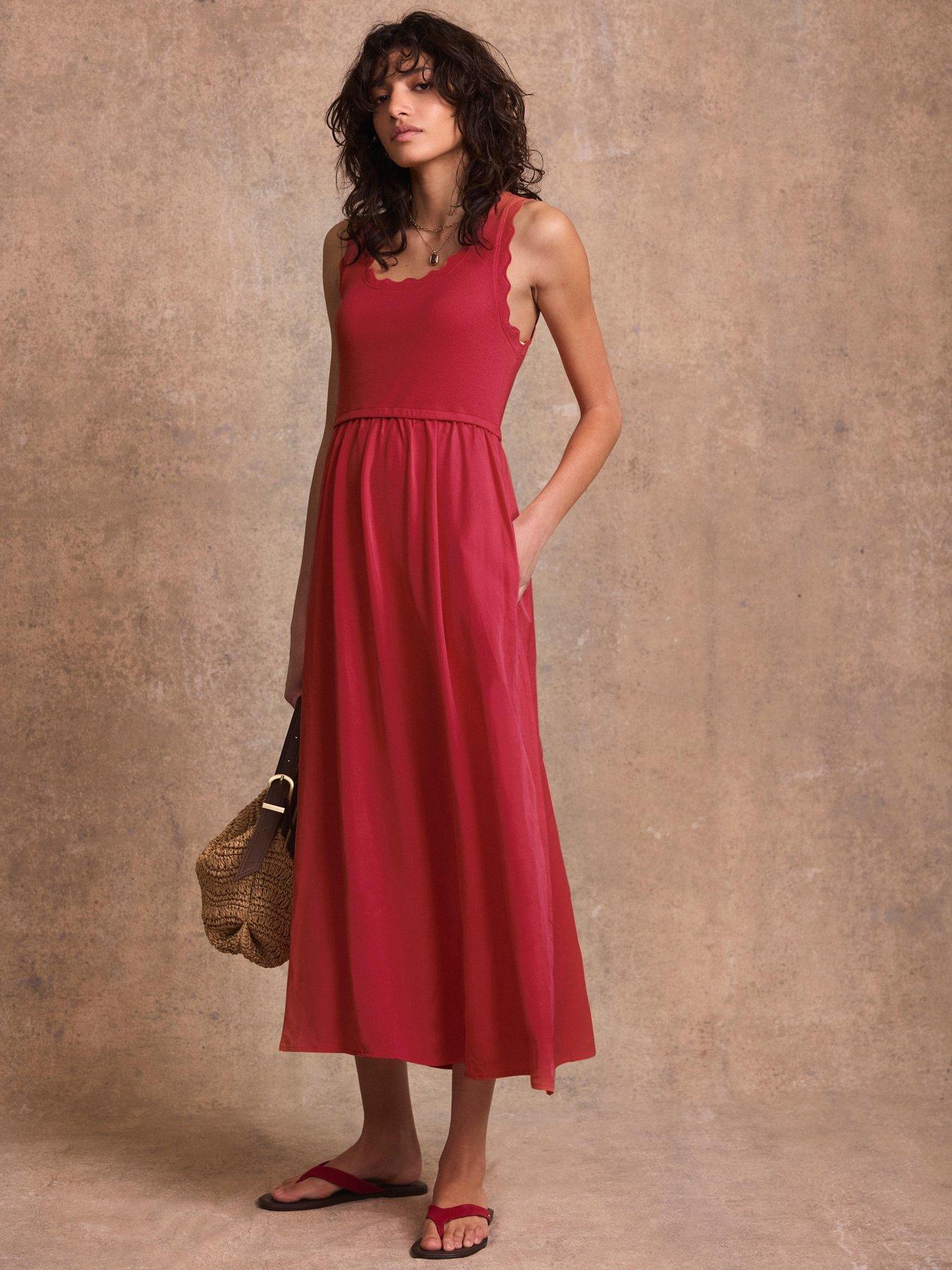 Mint Velvet Scallop Detail Woven Mix Dress - Red