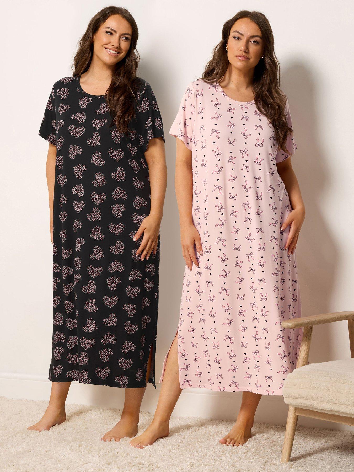 Image 1 of 6 of Yours Curve 2 Pack Soft Touch Bow Midaxi Nightdress - Black