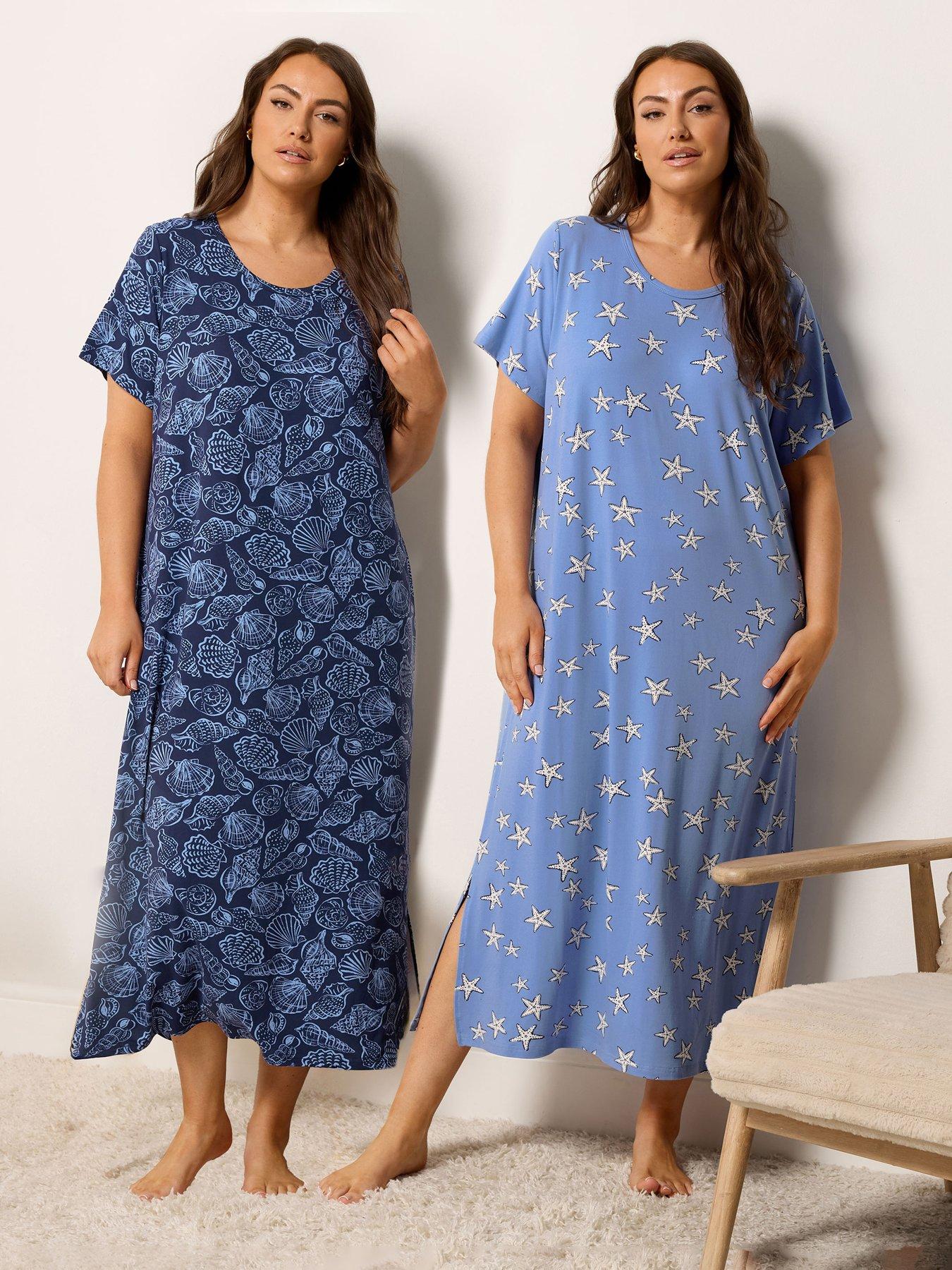 Image 1 of 4 of Yours Curve 2 Pack Soft Touch Shell Print Midaxi Nightdress - Blue